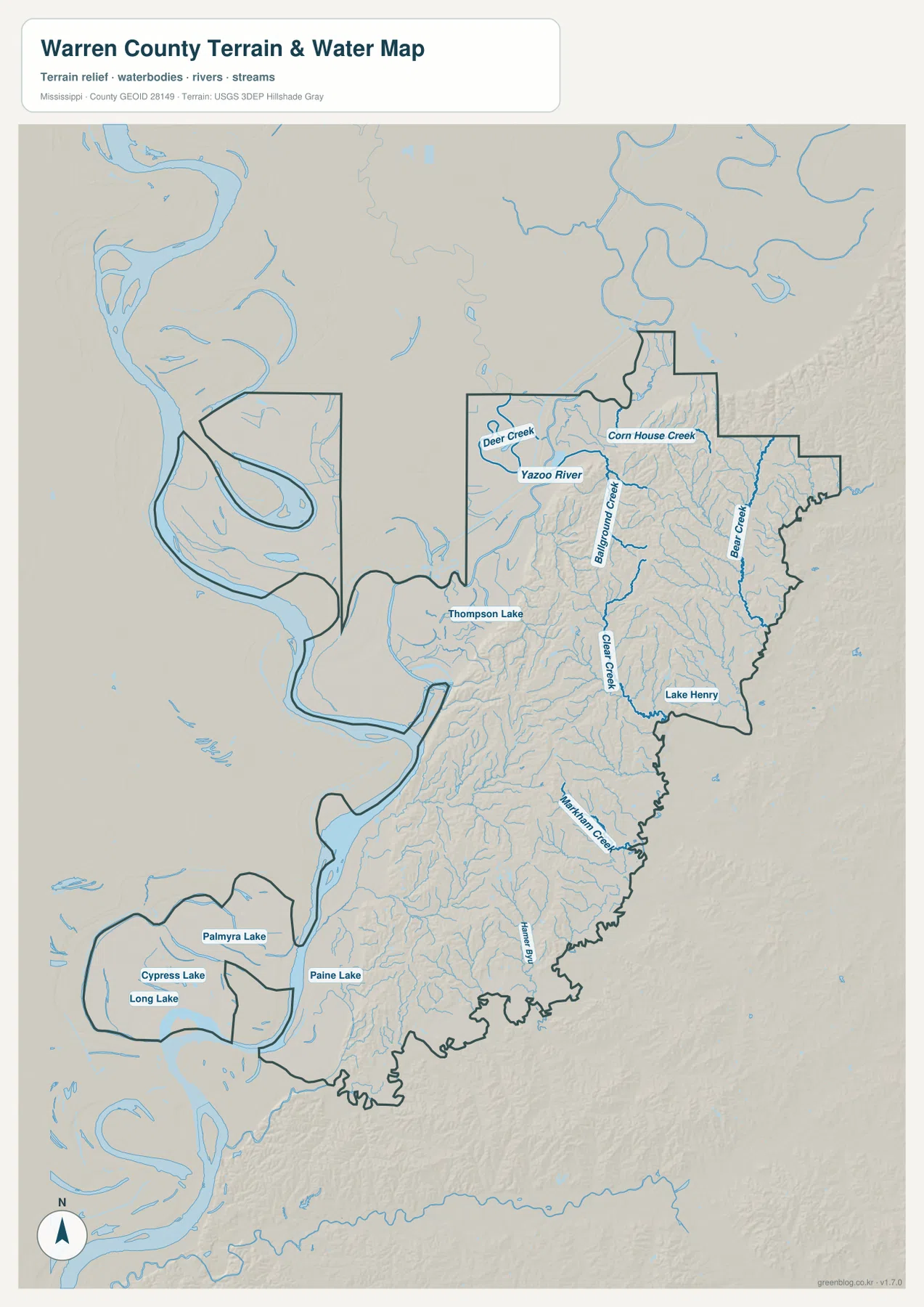 Warren County water map showing Mississippi River, Yazoo River, Deer Creek, Bear Creek, Clear Creek, and named lakes