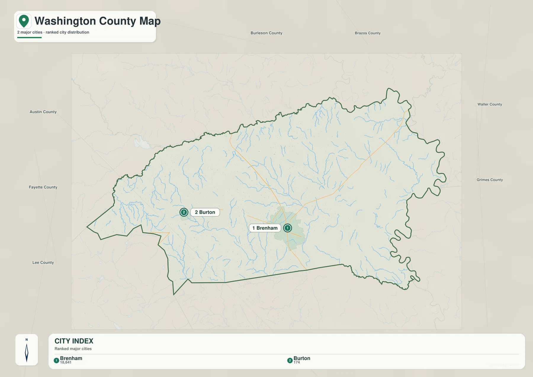Washington County city map showing Brenham and Burton as the two ranked major cities
