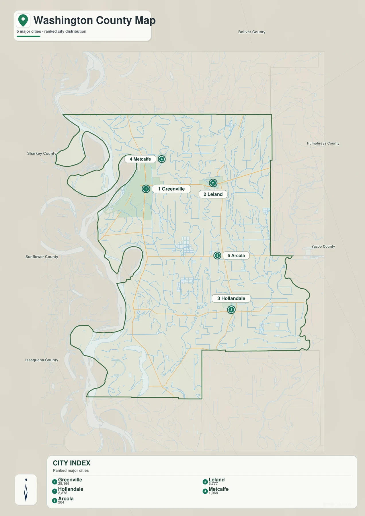 Washington County Mississippi city map showing Greenville, Leland, Hollandale, Metcalfe, and Arcola