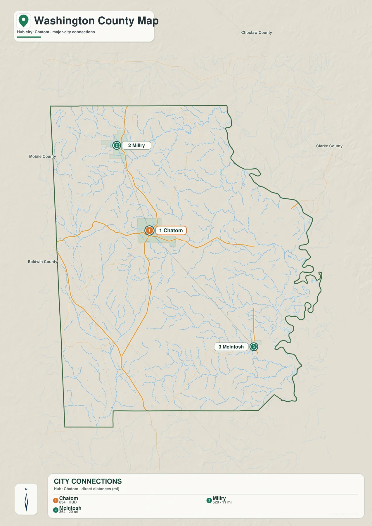 Washington County에서 Chatom을 중심으로 Millry 약 21마일, McIntosh 약 20마일의 직선거리를 표시한 도시 연결 지도