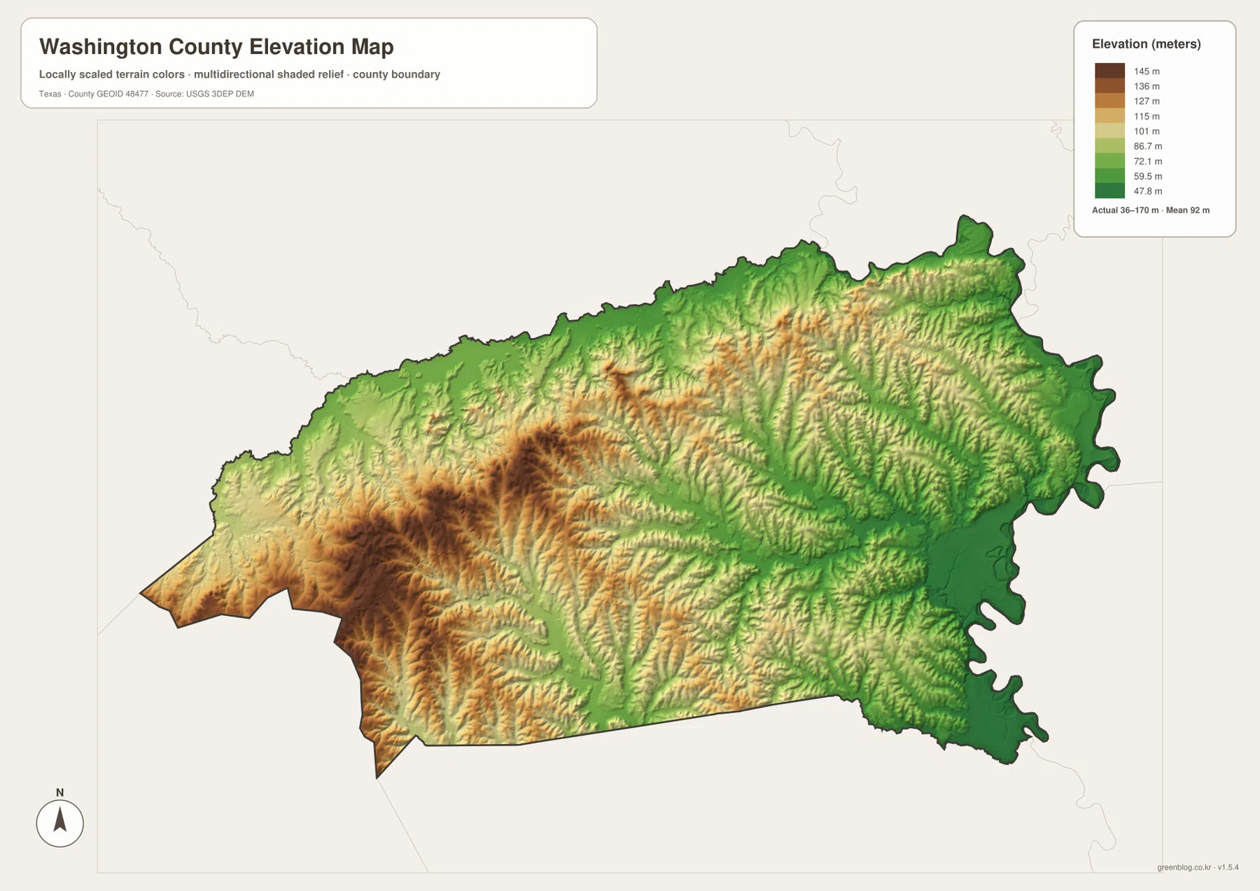 Washington County elevation map showing an actual range of about 36 to 170 meters and a mean of 92 meters