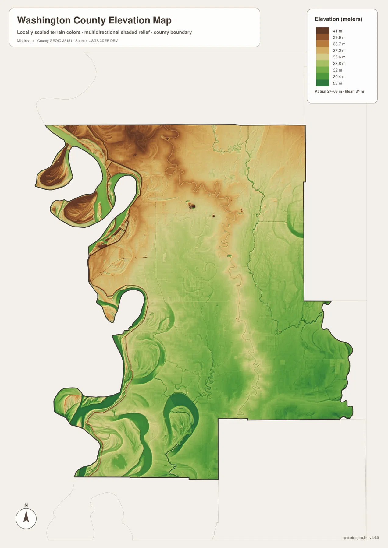 Washington County Mississippi elevation map showing about 27 to 68 meters across river bends and Delta lowlands
