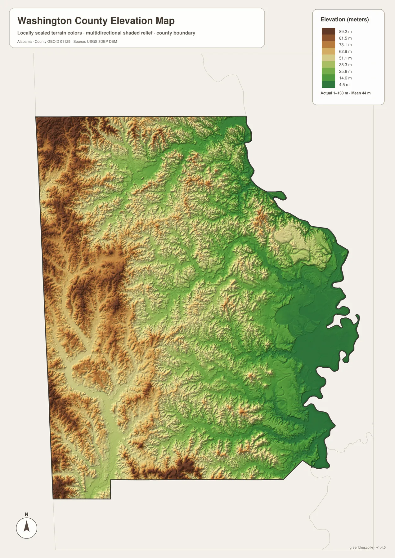 Washington County 실제 고도 1~130m와 평균 44m, 동쪽 Tombigbee River 저지대와 서부 구릉을 보여 주는 지도