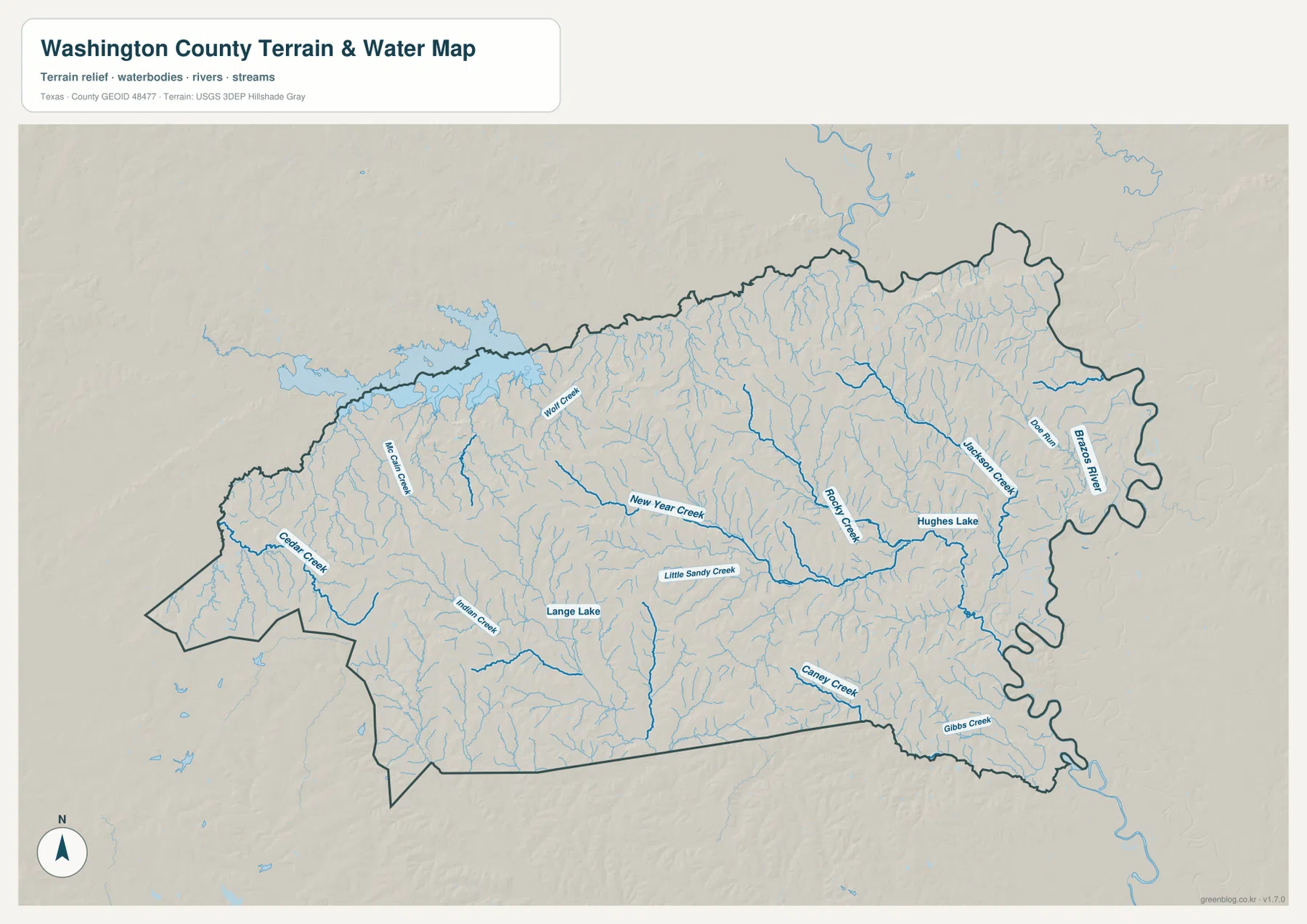Washington County water map showing Brazos River, Cedar Creek, New Year Creek, Little Sandy Creek, Rocky Creek, Caney Creek, Hughes Lake, and Lange Lake