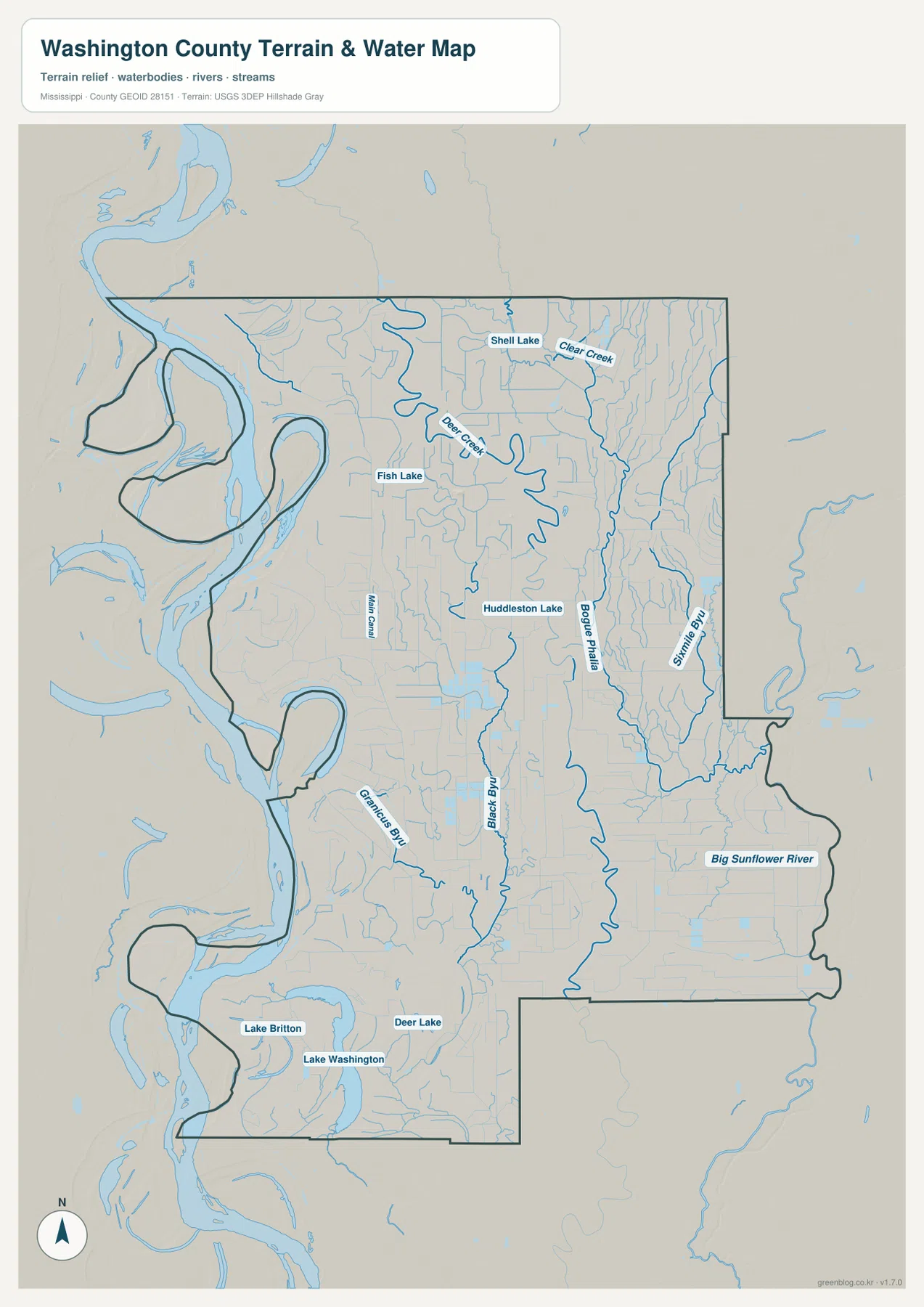 Washington County water map showing Mississippi River, Bear Creek, Bogue Phalia, Black Bayou, Big Sunflower River, and lakes