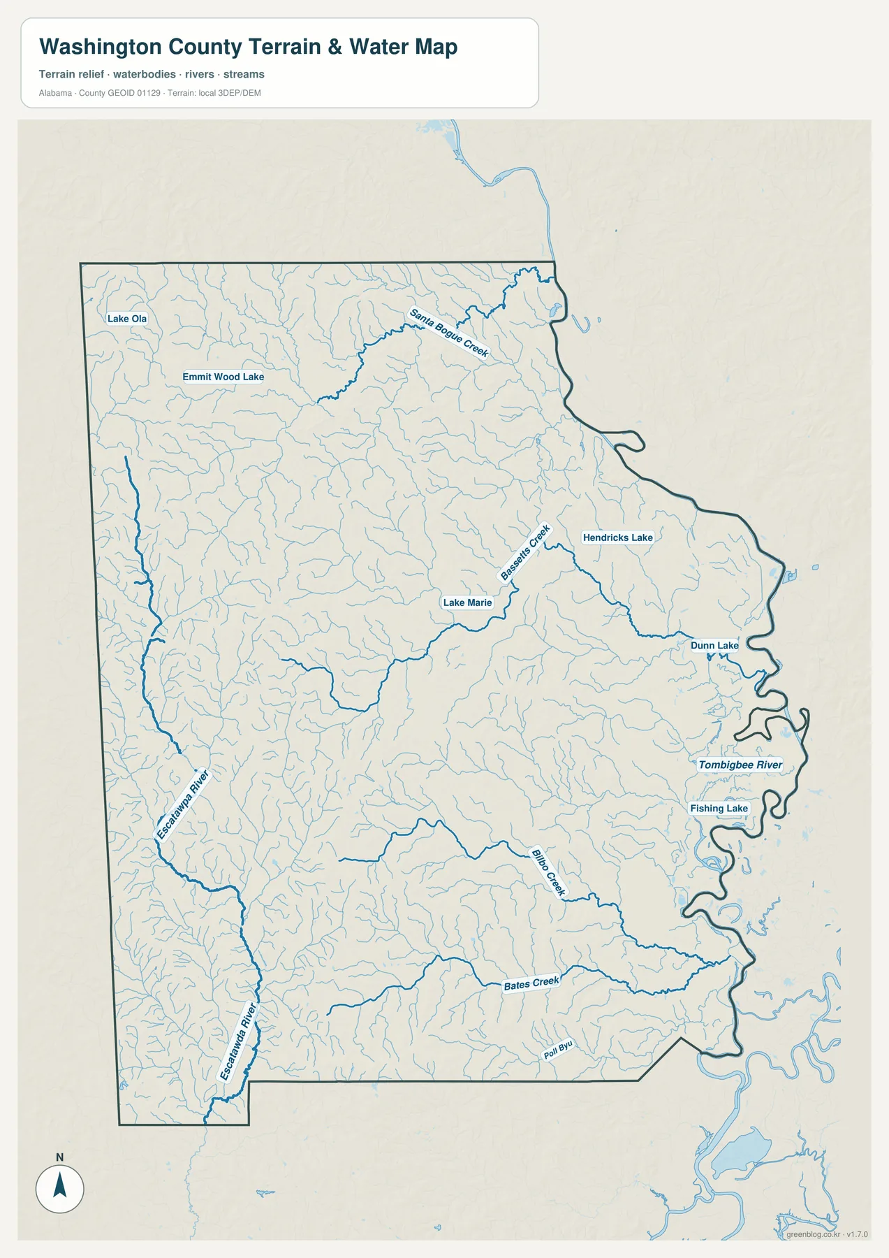 Washington County의 Tombigbee River, Escatawpa River, Santa Bogue Creek, Bassetts Creek, Bilbo Creek, Bates Creek와 여러 호수를 표시한 수역 지도