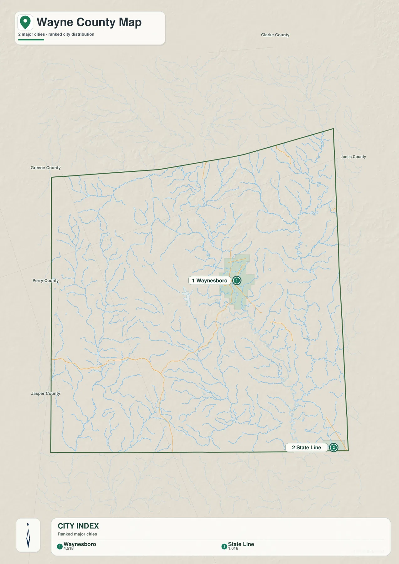 Wayne County Mississippi city map showing Waynesboro and State Line with neighboring county directions