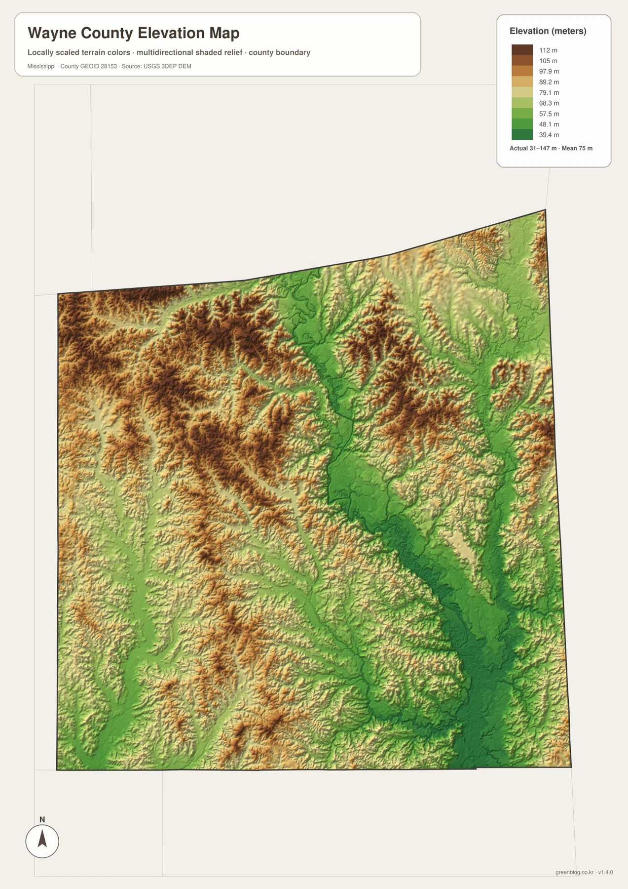 Wayne County elevation map showing about 31 to 147 meters with Chickasawhay River lowlands and surrounding hills