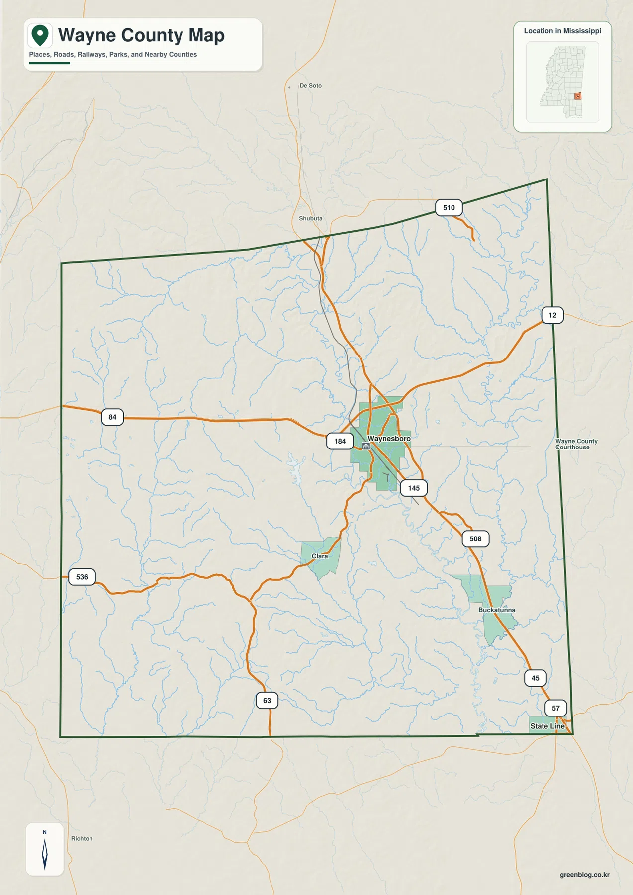 Wayne County Mississippi map showing Waynesboro, State Line, Clara, Buckatunna, US 45, US 84, and major roads