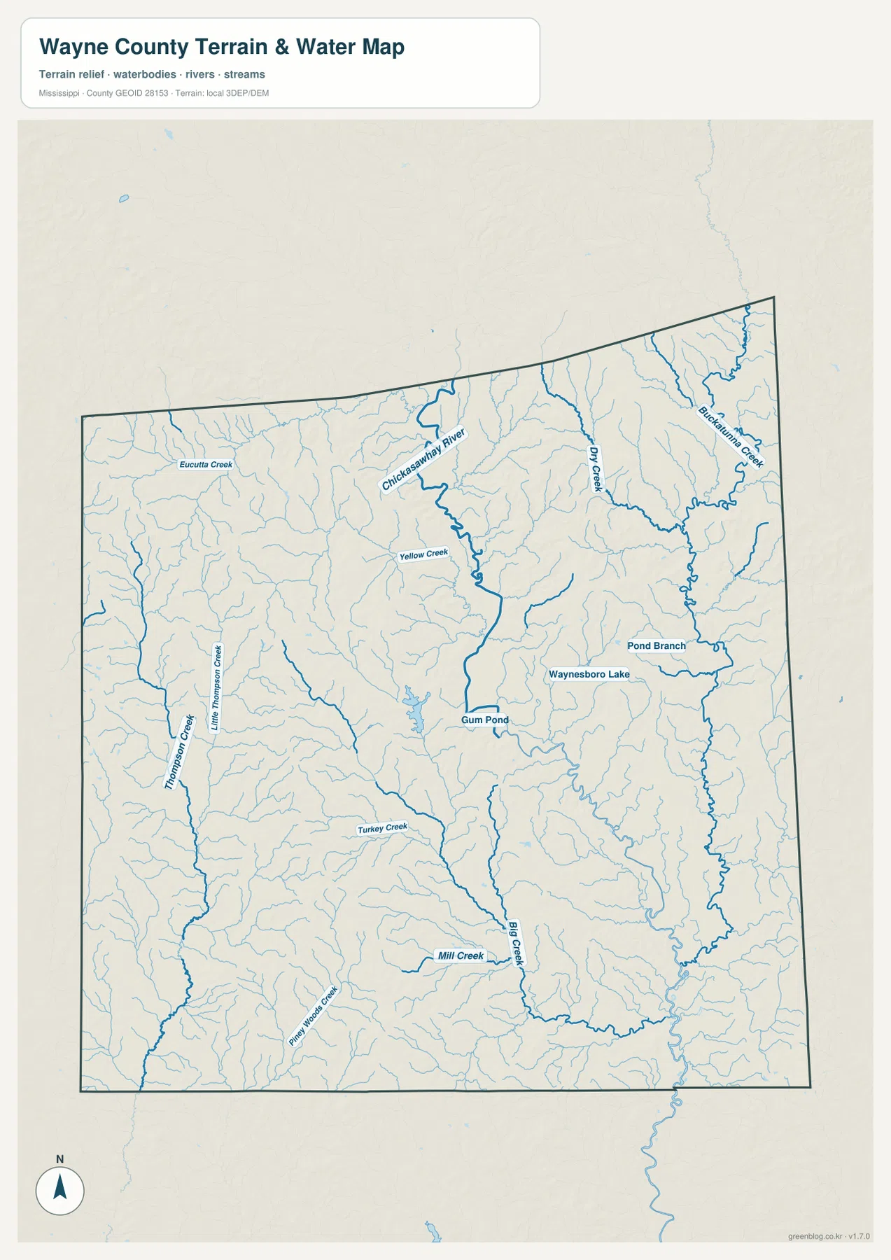 Wayne County water map showing Chickasawhay River, Buckatunna Creek, Dry Creek, Thompson Creek, Big Creek, and Waynesboro Lake