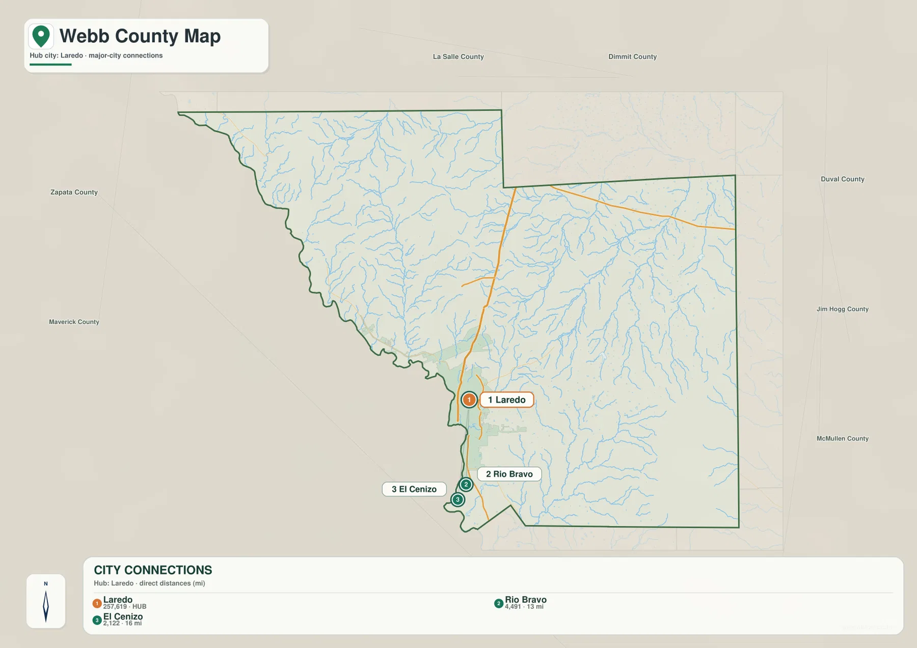 Webb County city connections map with Laredo as the hub and direct distances to Rio Bravo and El Cenizo