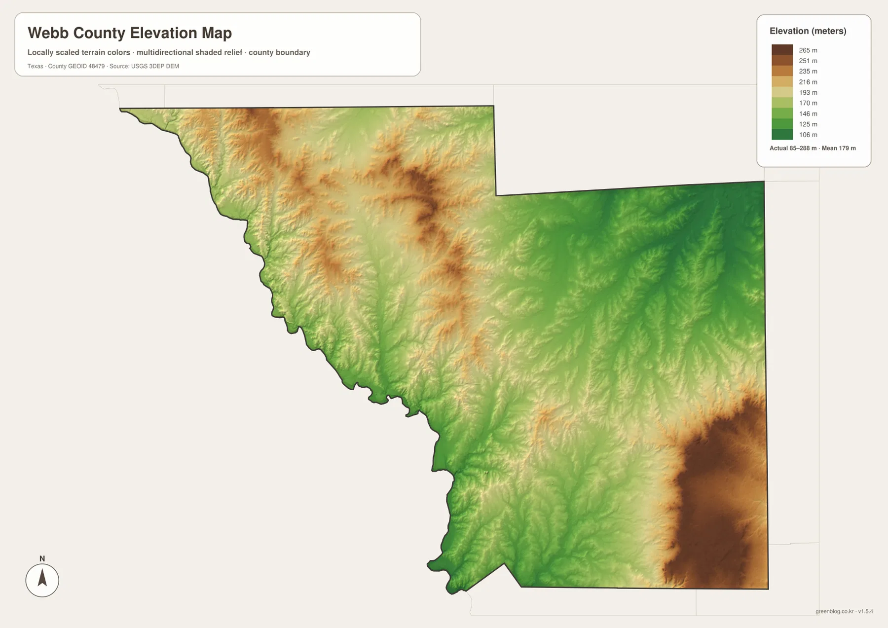 Webb County elevation map showing an actual range of about 85 to 288 meters and a mean of 179 meters