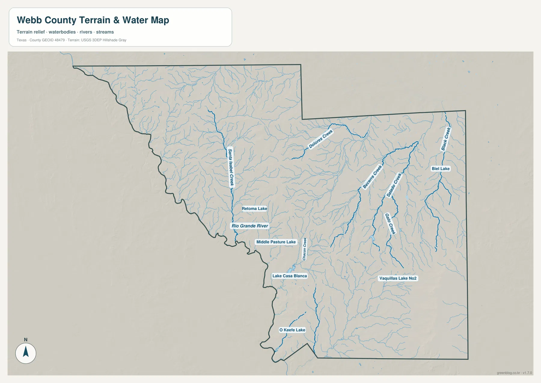 Webb County water map showing Rio Grande River, Dolores Creek, San Ambrosio Creek, Becerra Creek, San Jose Creek, Palo Creek, and named lakes