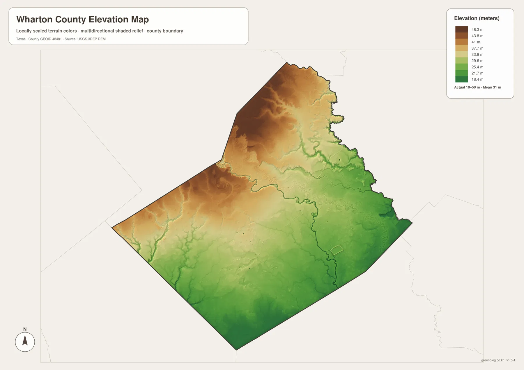 Wharton County elevation map showing an actual range of about 10 to 50 meters and a mean of 31 meters