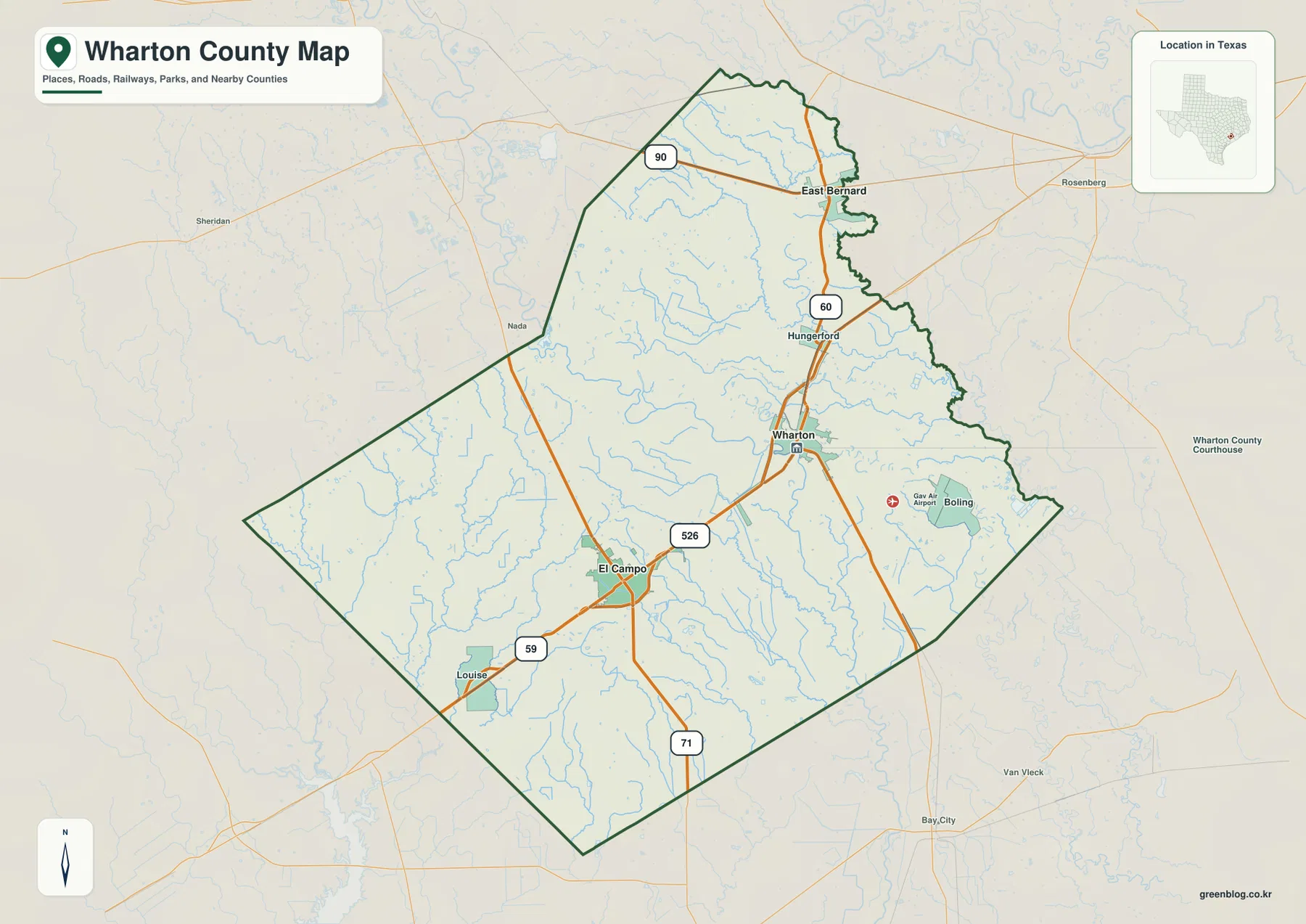 Wharton County map showing Wharton, El Campo, East Bernard, Hungerford, Boling, Louise, and major road routes
