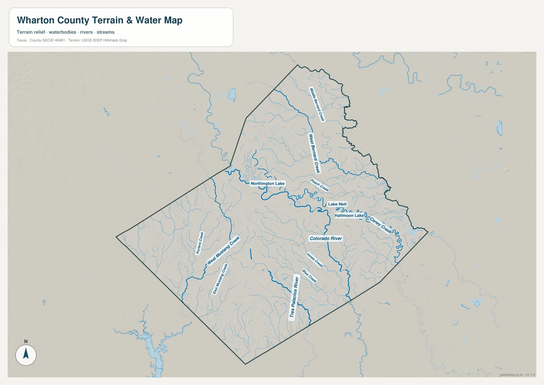 Wharton County water map showing Colorado River, West Bernard Creek, Middle Bernard Creek, Peach Creek, Caney Creek, Tres Palacios River, and named lakes