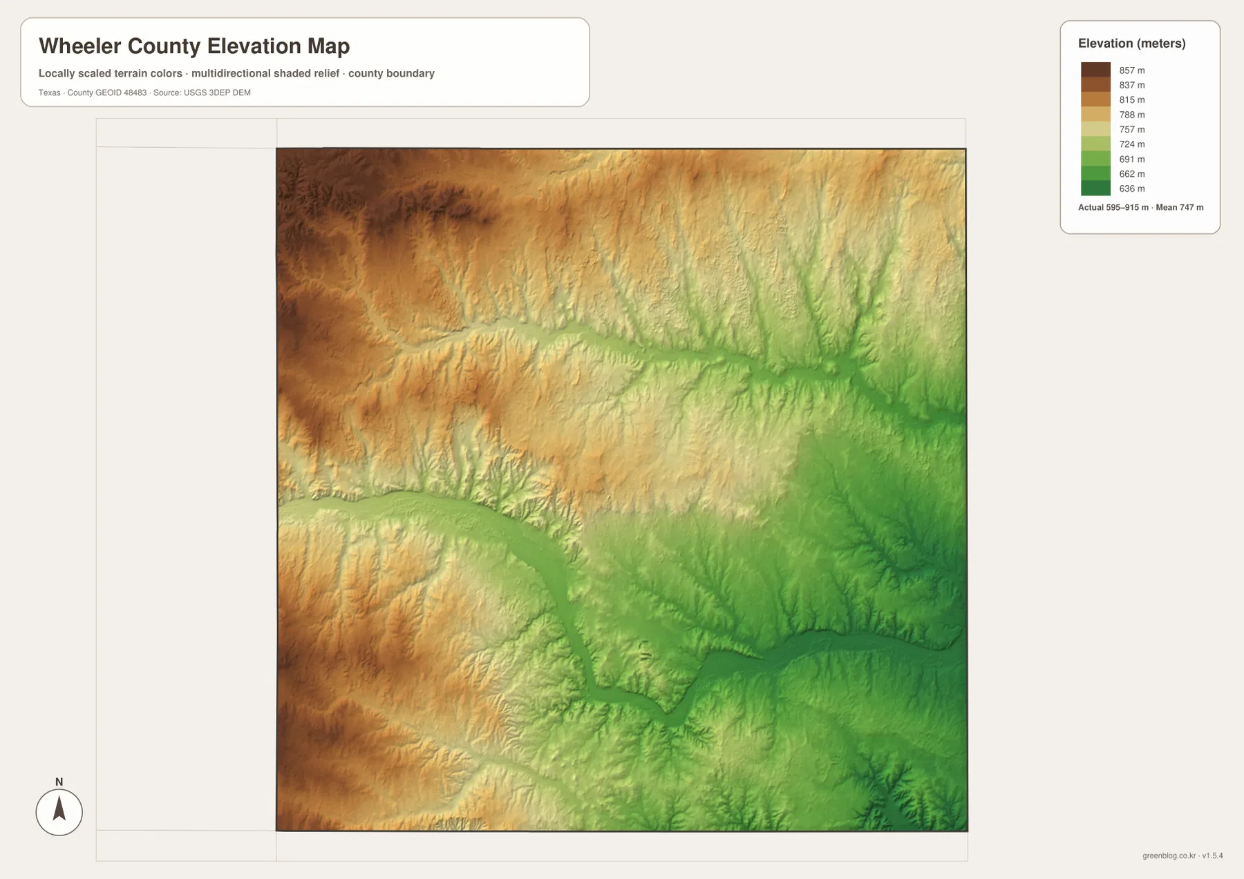Wheeler County elevation map showing an actual range of about 595 to 915 meters and a mean of 747 meters
