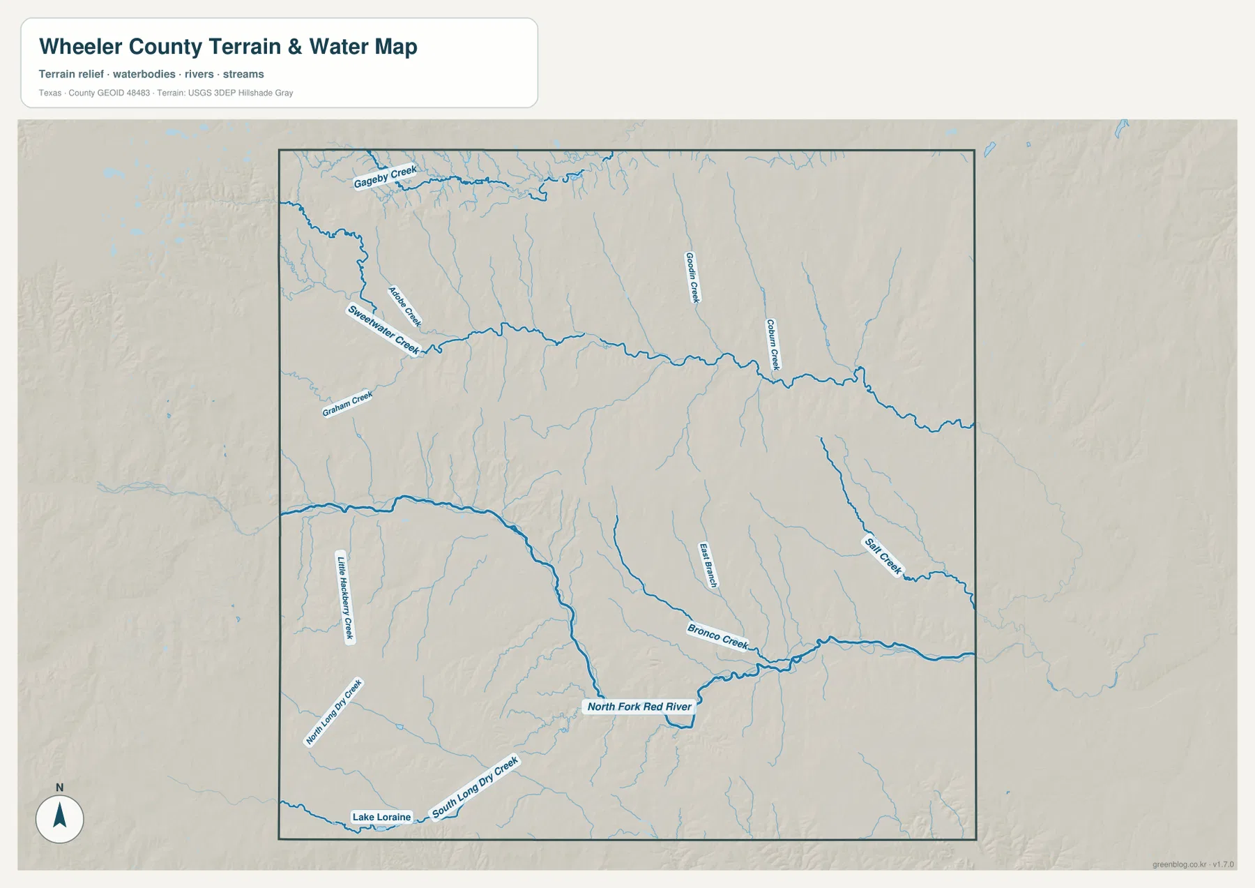 Wheeler County water map showing North Fork Red River, Sweetwater Creek, Gageby Creek, Goodin Creek, Salt Creek, Bronco Creek, and Lake Loraine