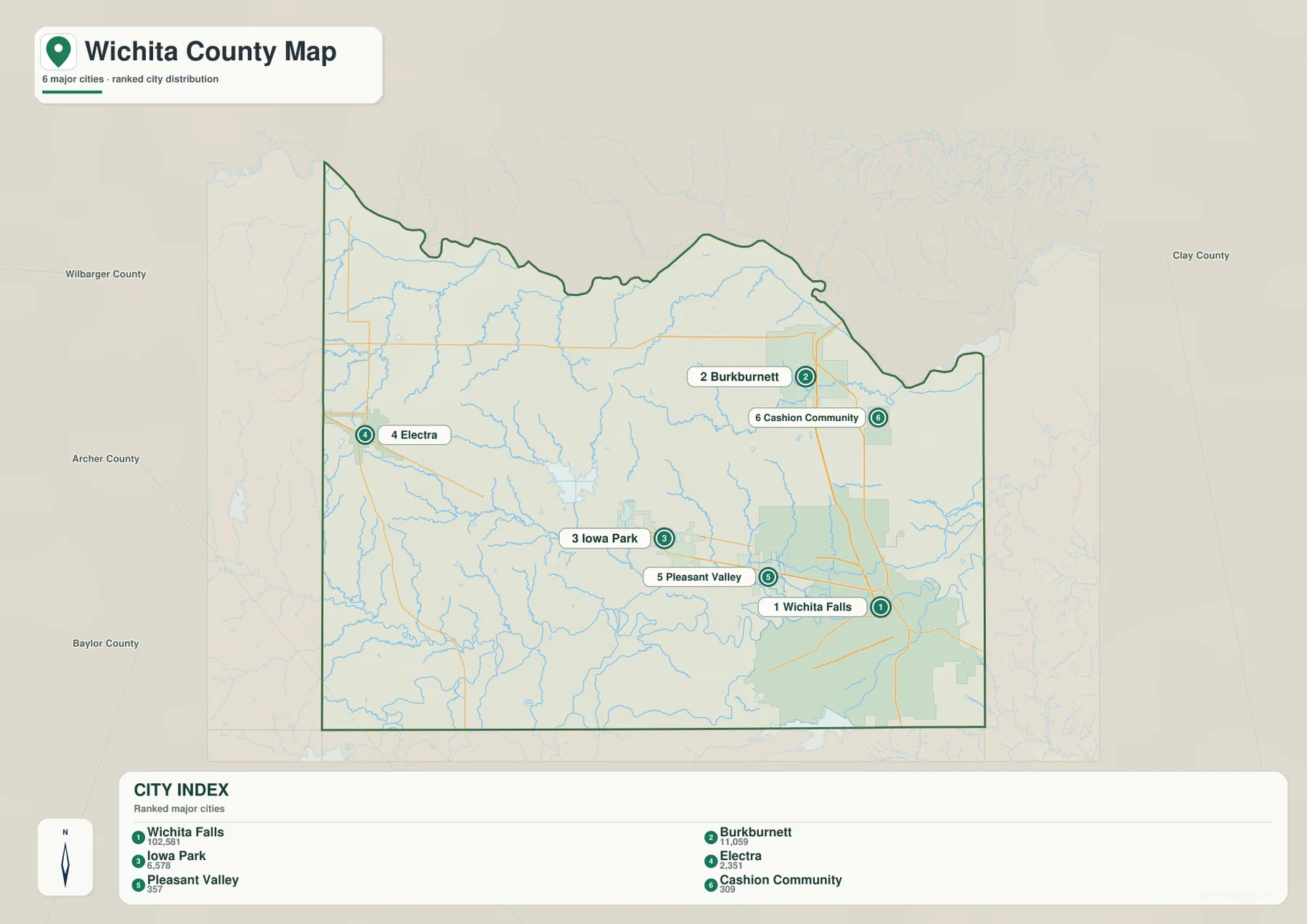 Wichita County 도시 지도에 표시된 Wichita Falls, Burkburnett, Iowa Park, Electra, Pleasant Valley와 Cashion Community
