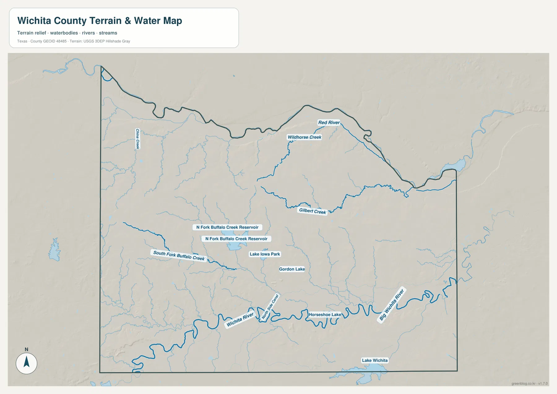 Wichita County 수역 지도에 표시된 Red River, Wichita River, Big Wichita River, Wildhorse Creek, Gilbert Creek와 주요 호수