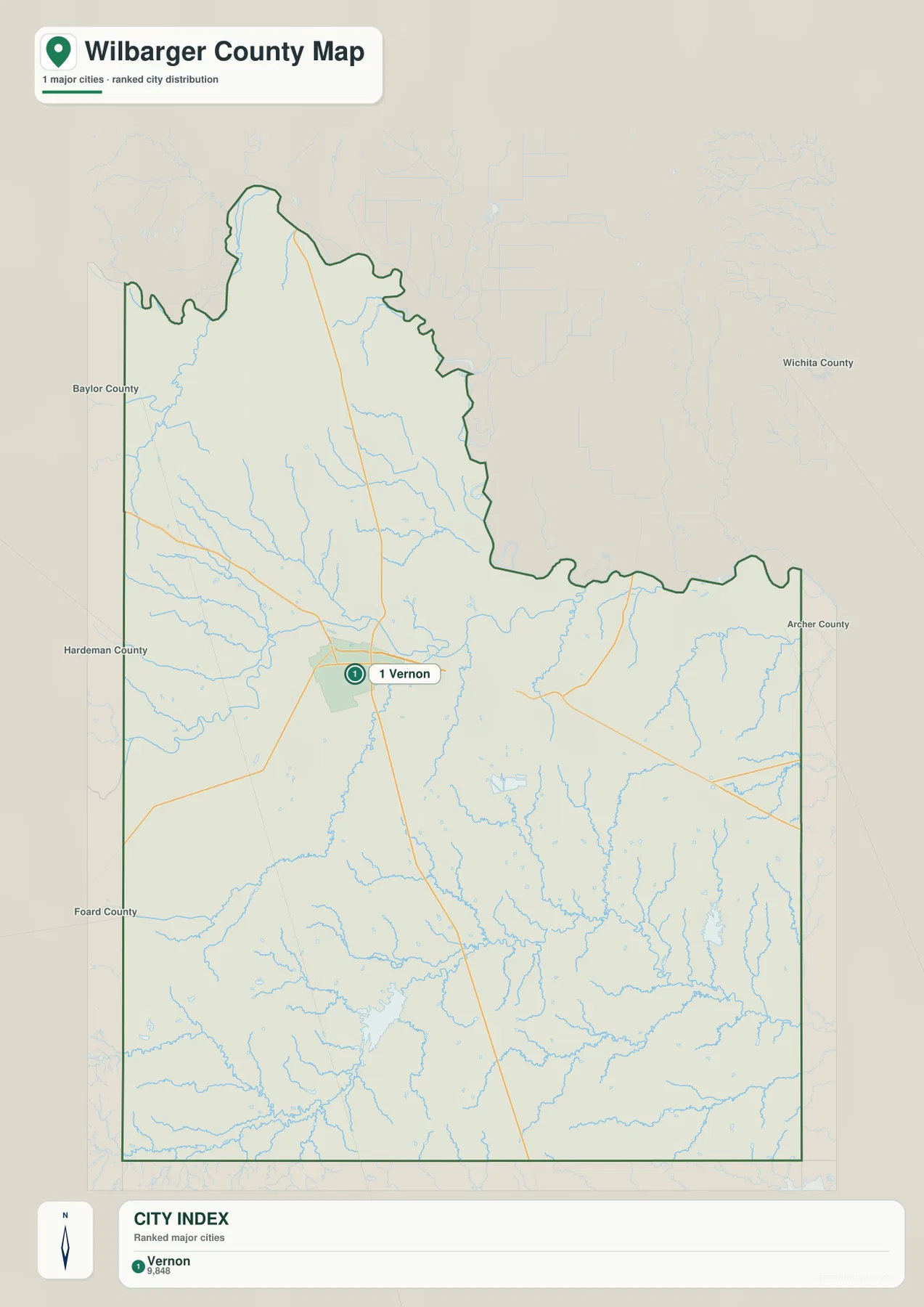 Wilbarger County 도시 지도에서 유일한 주요 도시로 표시된 Vernon