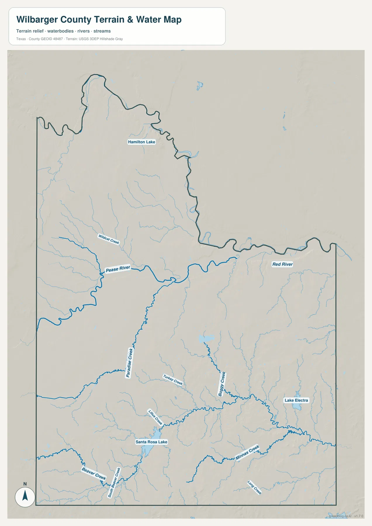 Wilbarger County 수역 지도에 표시된 Pease River, Red River, Wildcat Creek, Paradise Creek, Boggy Creek와 주요 호수