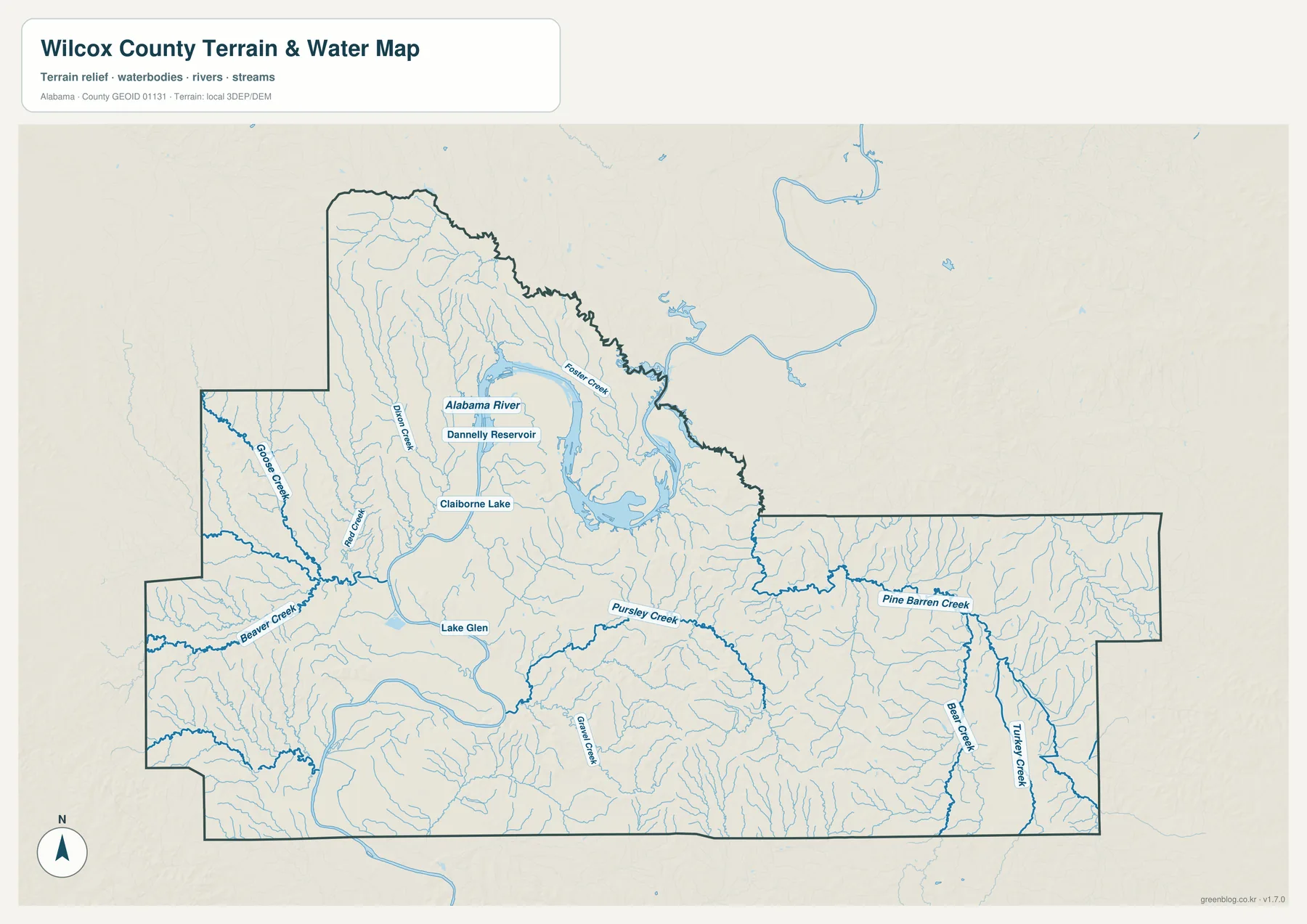 Wilcox County의 Alabama River, Dannelly Reservoir, Claiborne Lake와 주요 지류를 표시한 수역 지도