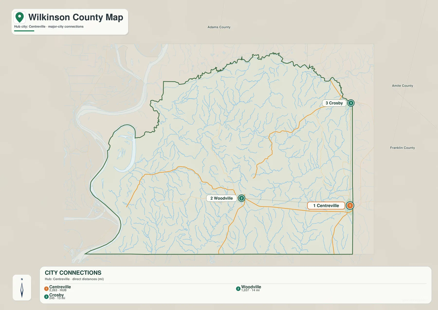 Wilkinson County city connections map with Centreville, Woodville, and Crosby straight-line distances