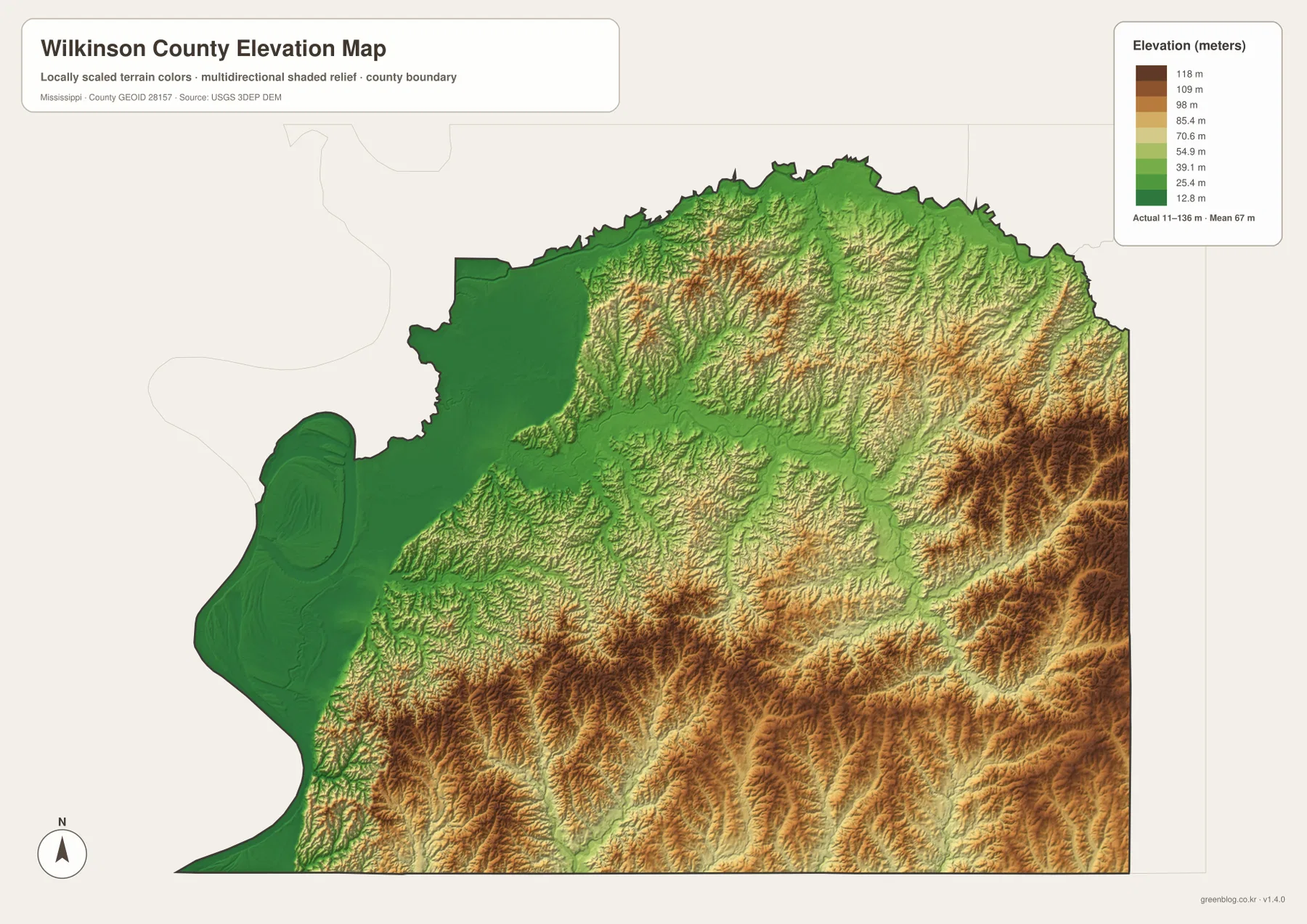 Wilkinson County elevation map showing low Mississippi River terrain and higher eastern and southern ridges