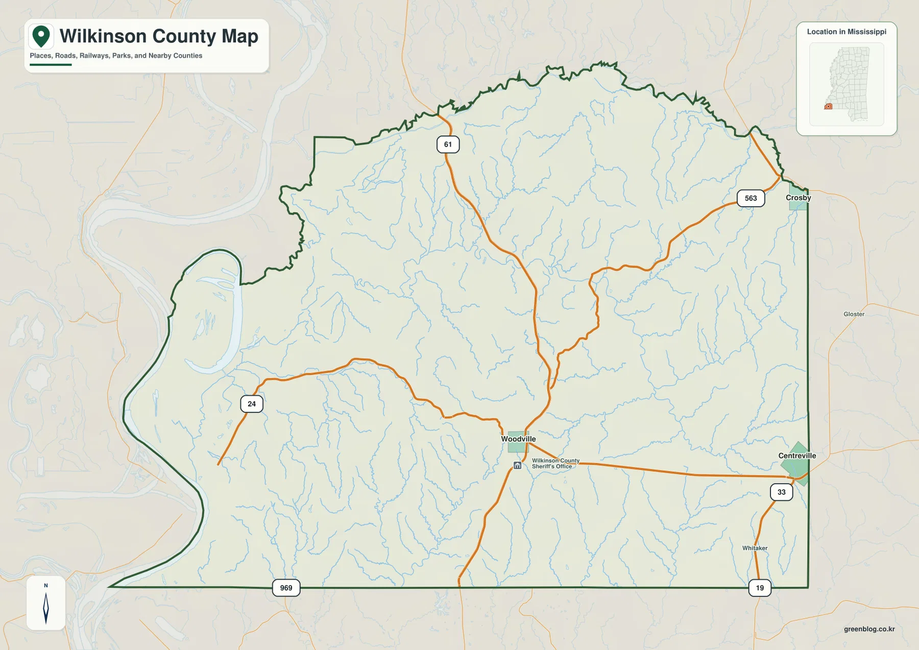 Wilkinson County Mississippi map showing Woodville, Crosby, Centreville, roads, streams, and county boundary