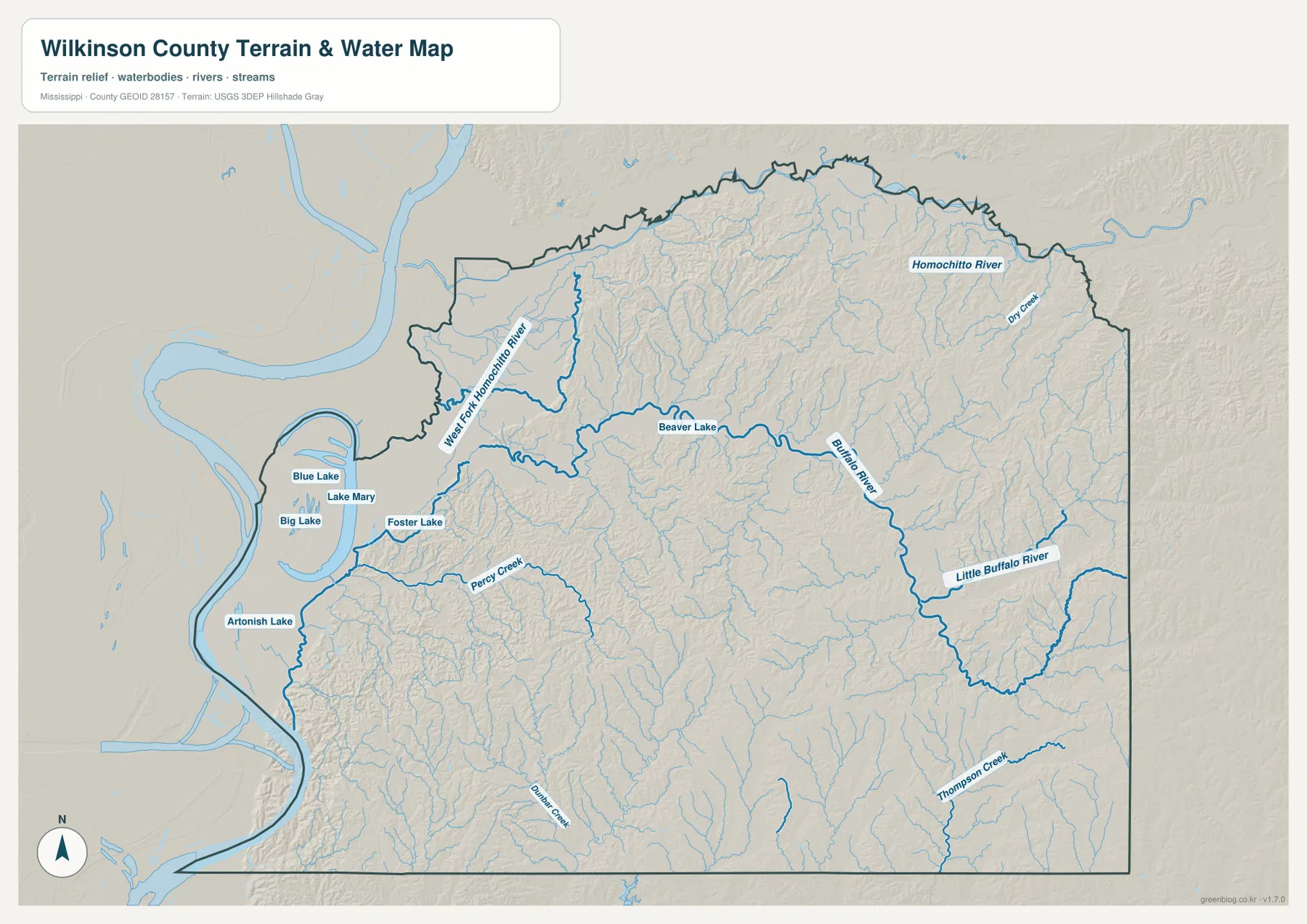 Wilkinson County terrain and water map with Homochitto River, Buffalo River, lakes, and tributaries