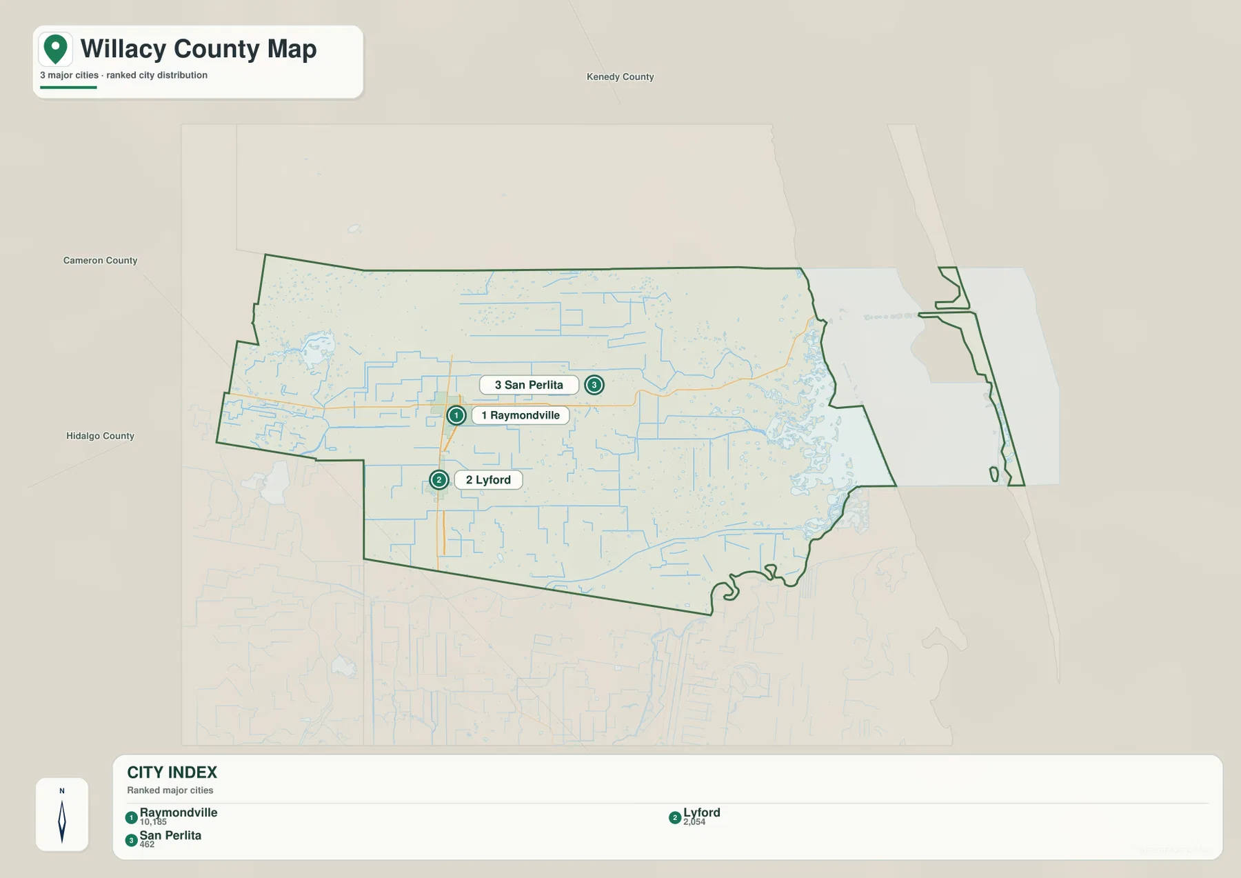Willacy County ranked city map showing Raymondville, Lyford, and San Perlita