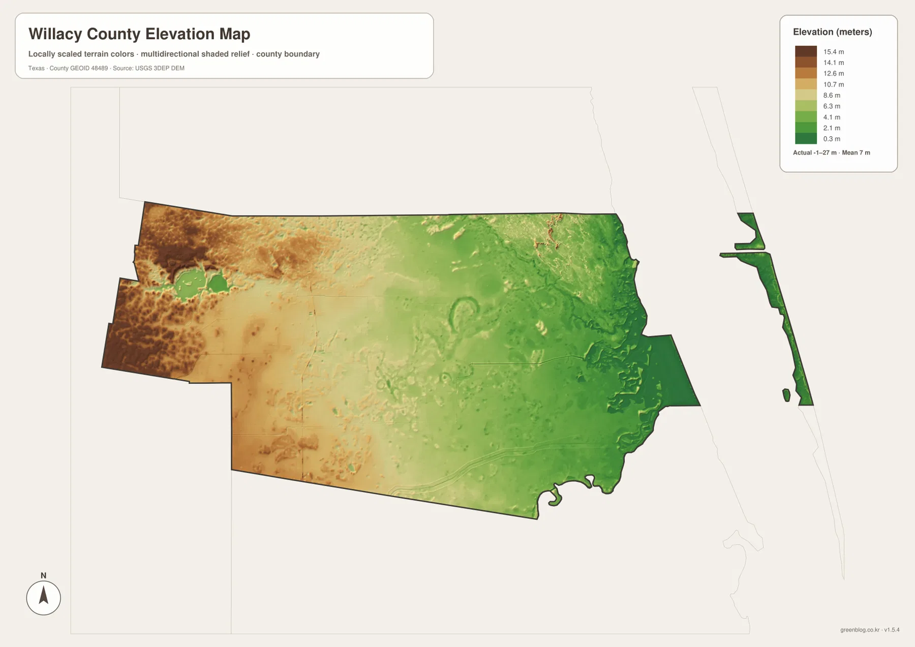 Willacy County elevation map showing an actual range of about -1 to 27 meters and a mean elevation of 7 meters