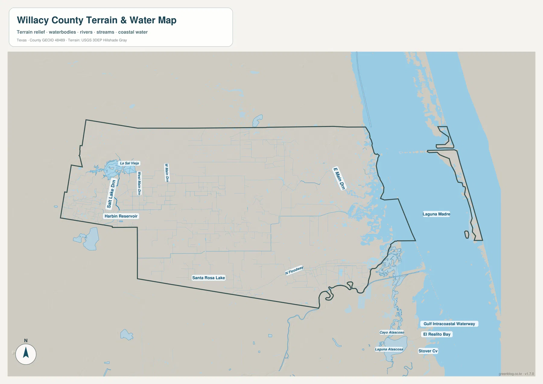 Willacy County water map showing Laguna Madre, Gulf Intracoastal Waterway, La Sal Vieja, Harbin Reservoir, Santa Rosa Lake, and named drains
