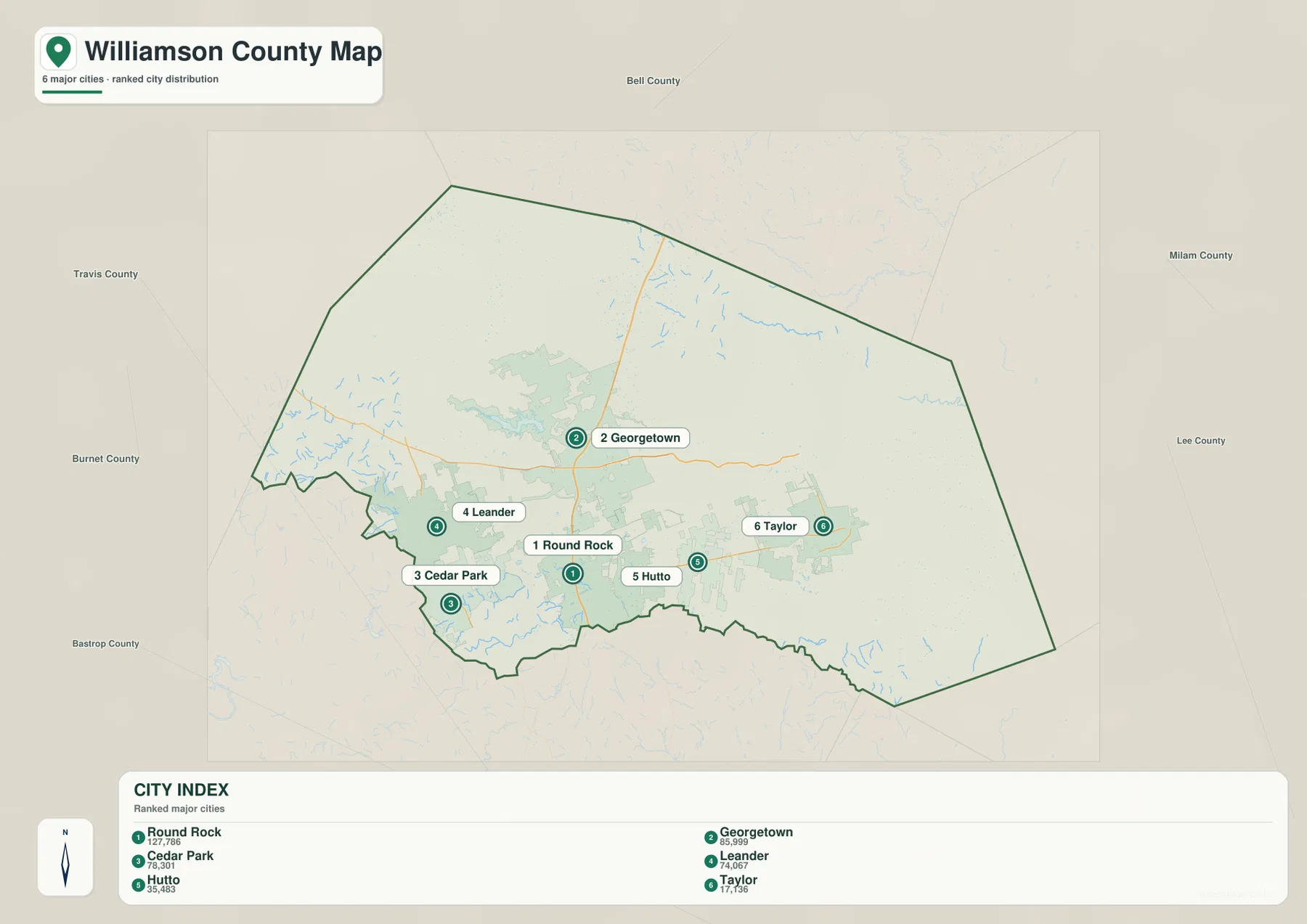 Williamson County 도시 지도에 표시된 Round Rock, Georgetown, Cedar Park, Leander, Hutto, Taylor