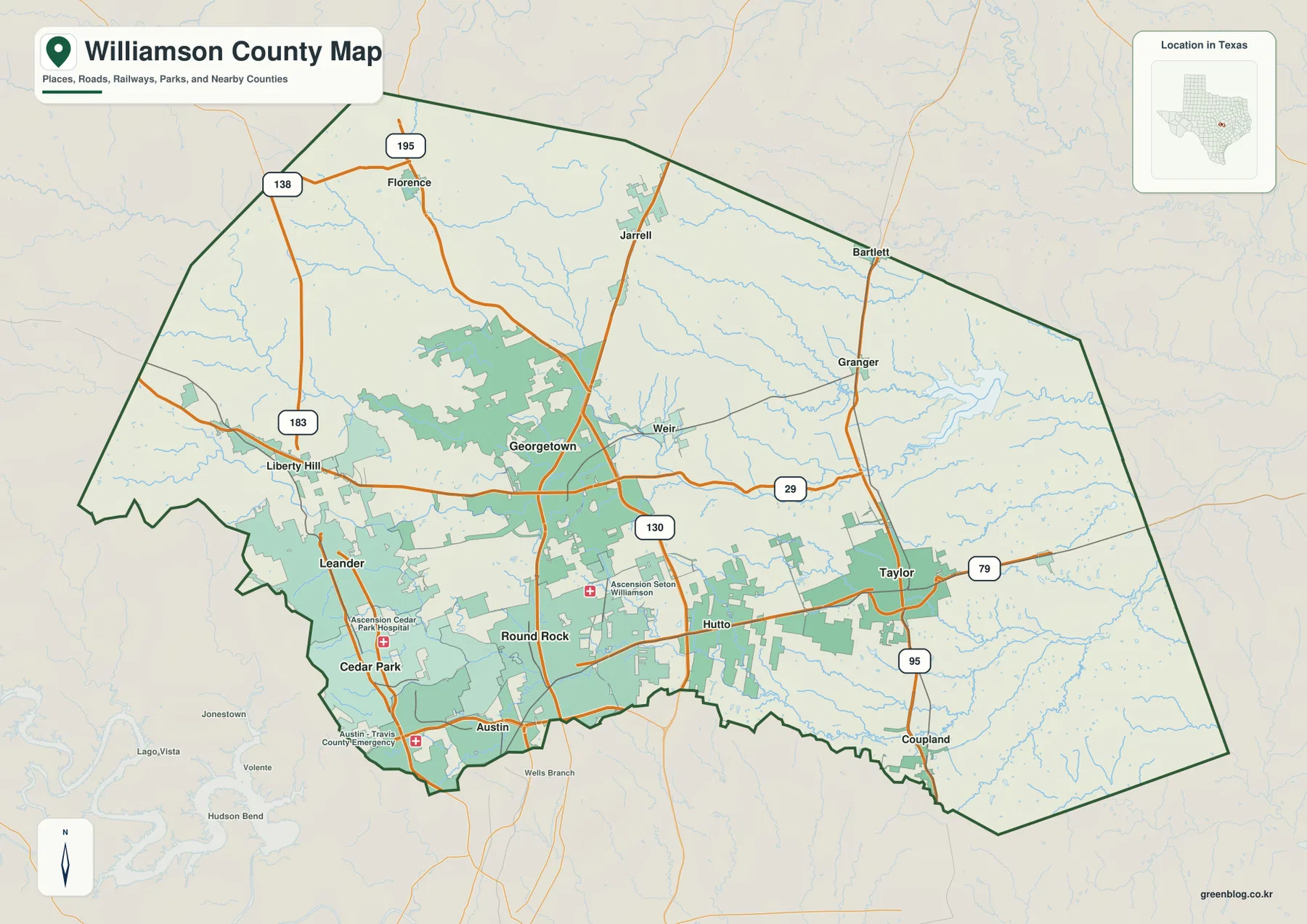 텍사스주 윌리엄슨 카운티 지도에 표시된 Georgetown, Round Rock, Cedar Park, Leander, Hutto, Taylor와 주요 도로