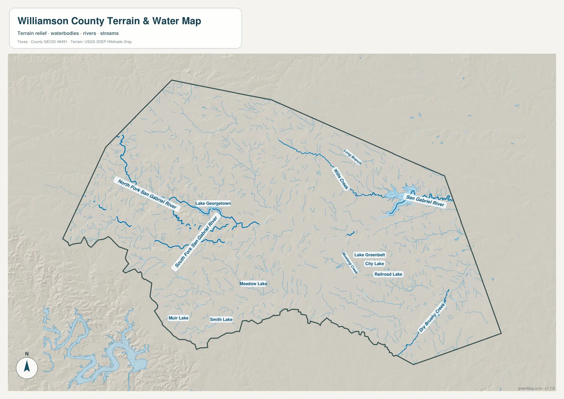 Williamson County 수역 지도에 표시된 North Fork와 South Fork San Gabriel River, San Gabriel River, Lake Georgetown, Willis Creek와 Dry Brushy Creek