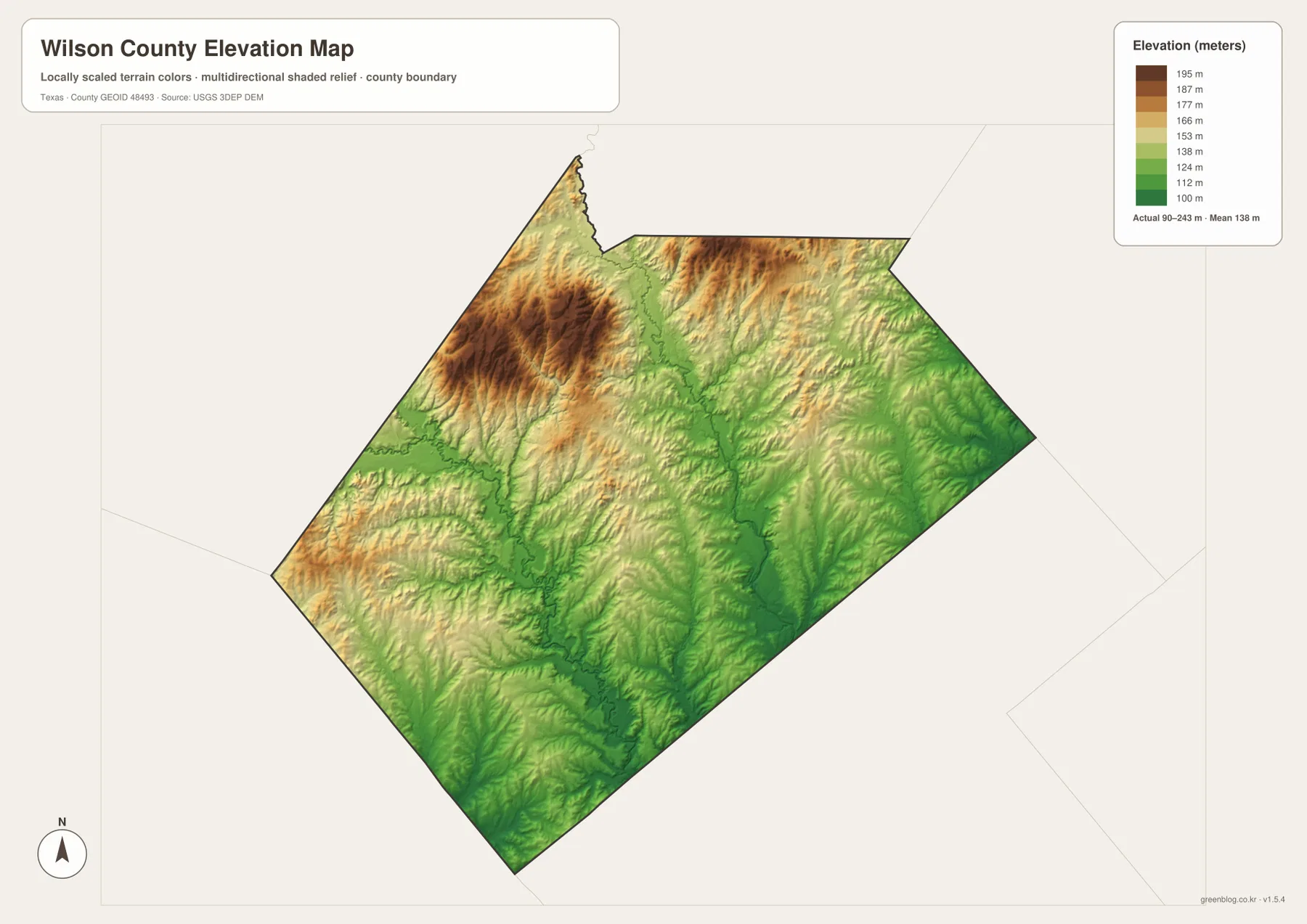 Wilson County elevation map showing an actual range of about 90 to 243 meters and a mean elevation of 138 meters
