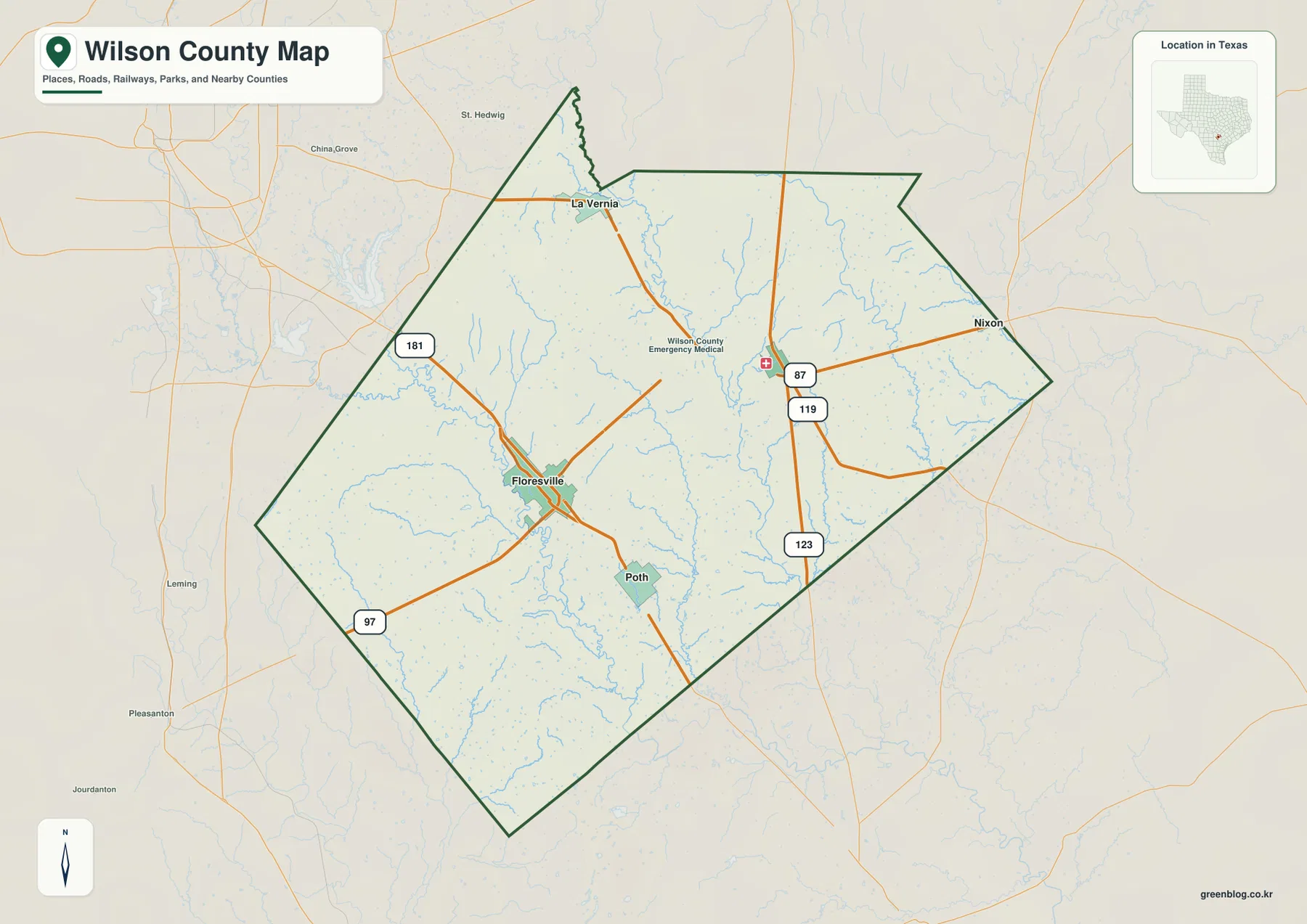 Wilson County Texas map showing Floresville, Poth, Stockdale, La Vernia, and major road routes