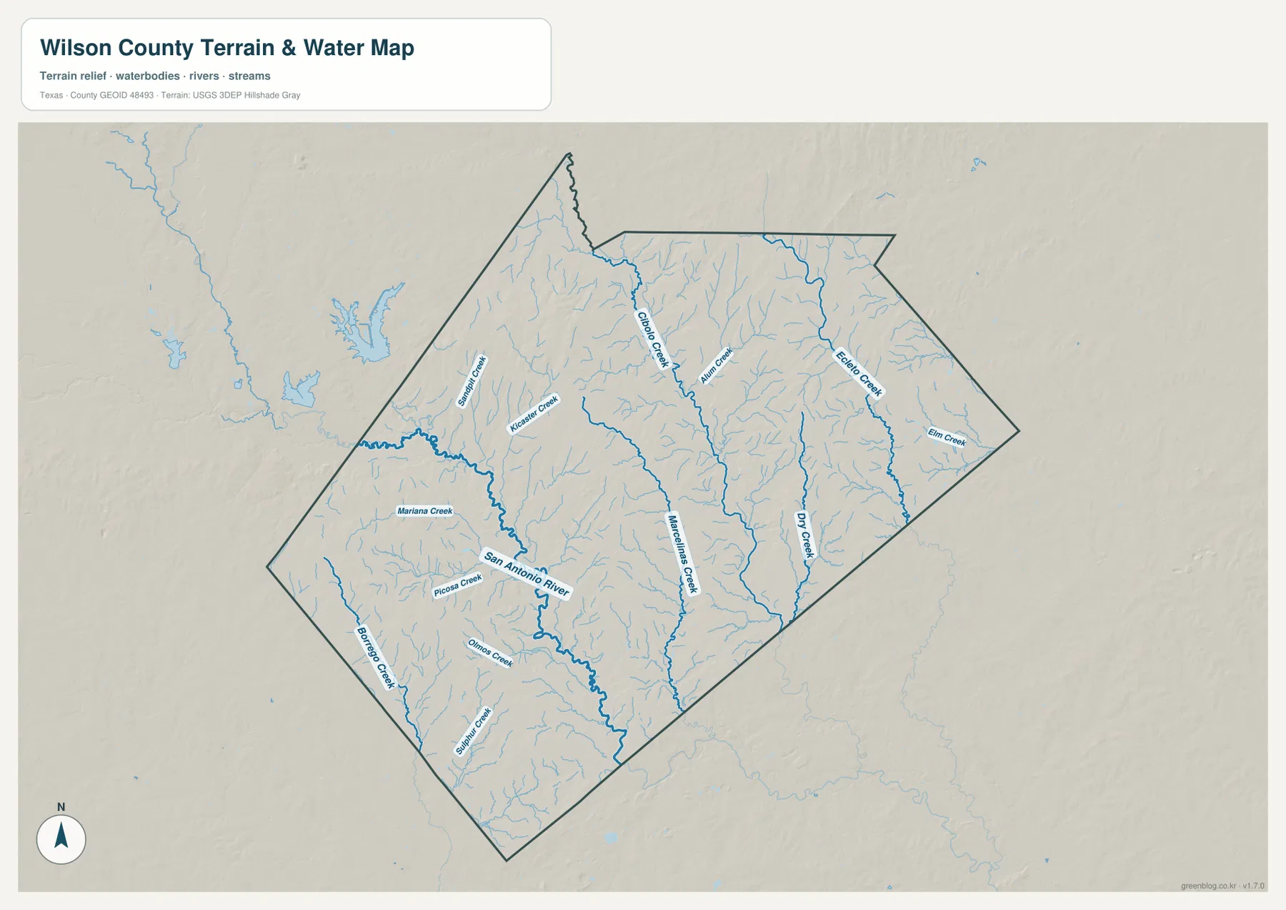 Wilson County water map showing San Antonio River, Cibolo Creek, Ecleto Creek, Dry Creek, Marcelinas Creek, and named tributaries