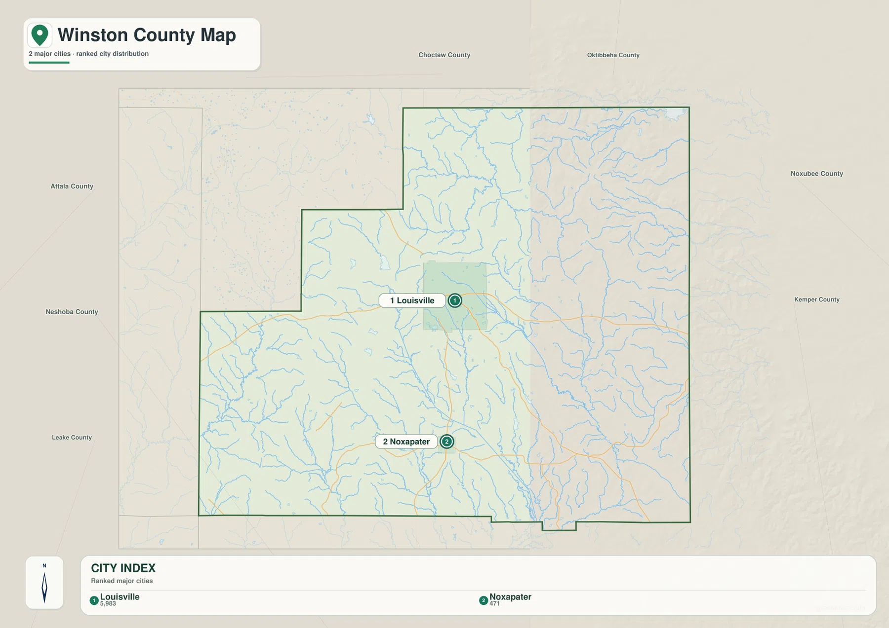 Winston County city map showing Louisville and Noxapater