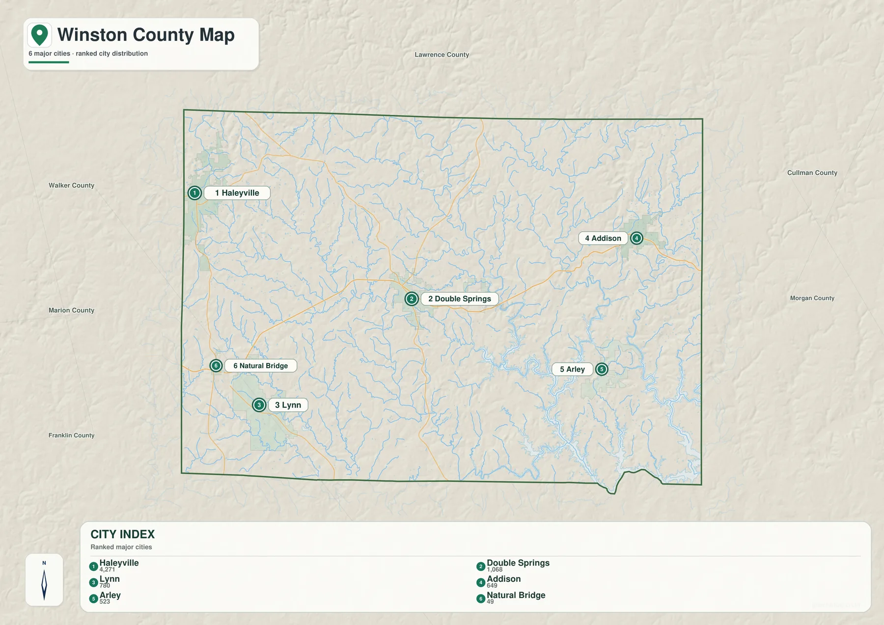 윈스턴 카운티 도시 지도에서 Haleyville, Double Springs, Lynn, Addison, Arley, Natural Bridge 위치를 표시한 모습