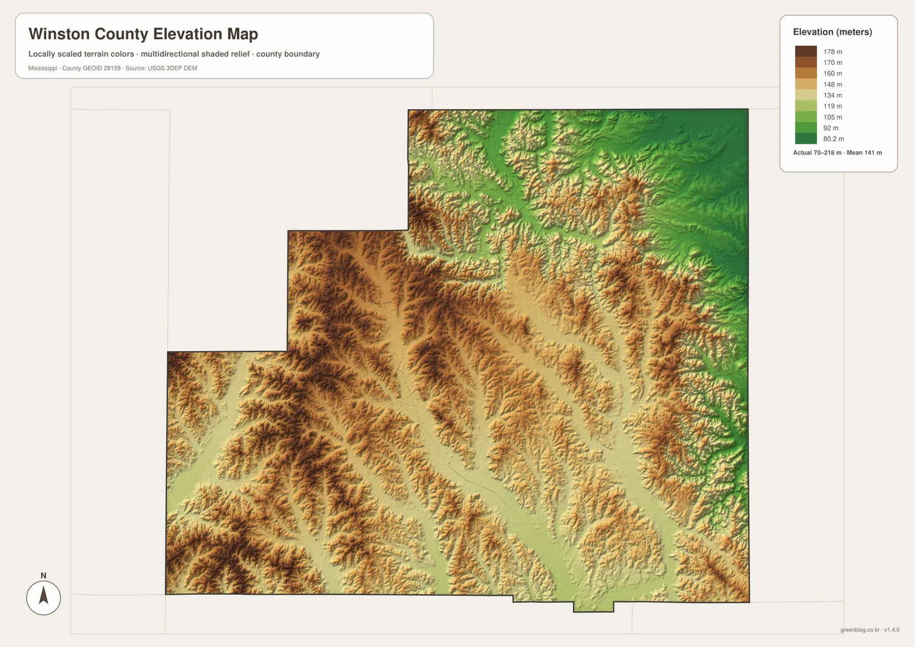 Winston County elevation map with terrain ranging from about 70 to 218 meters