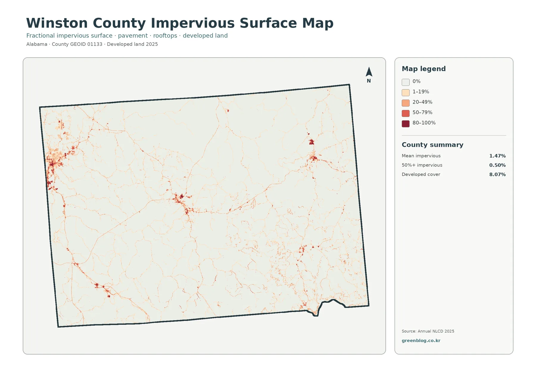 Winston County impervious surface and developed land map