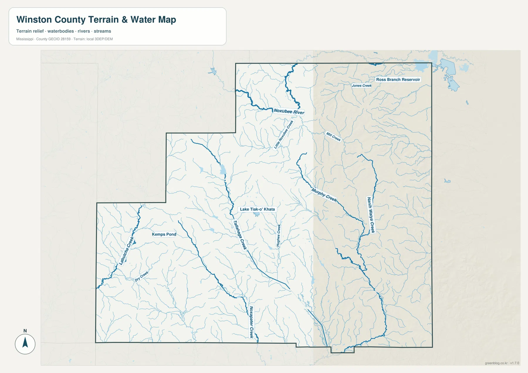 Winston County terrain and water map showing the Noxubee River and named creeks