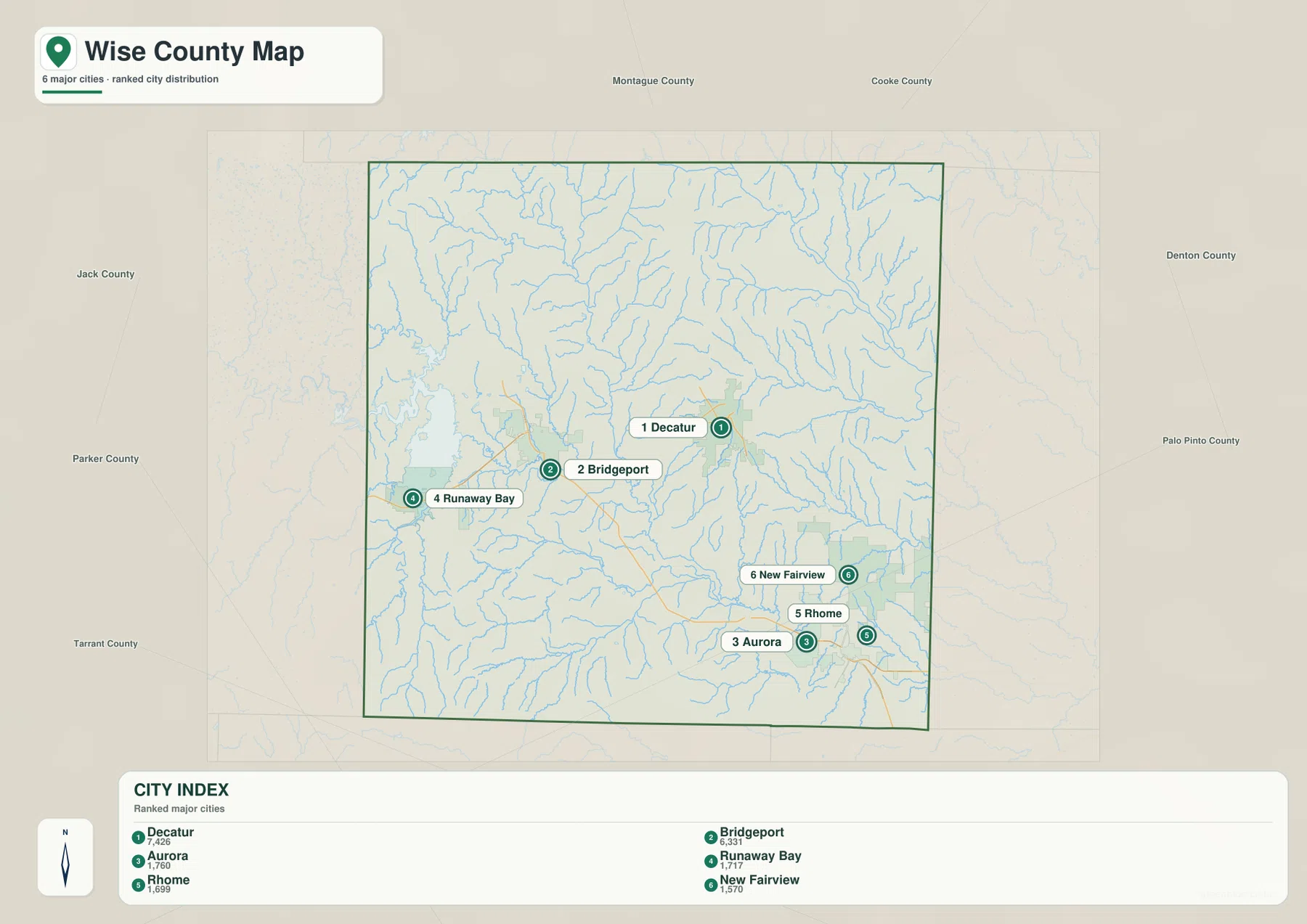 Wise County 도시 지도에 표시된 Decatur, Bridgeport, Aurora, Runaway Bay, Rhome, New Fairview