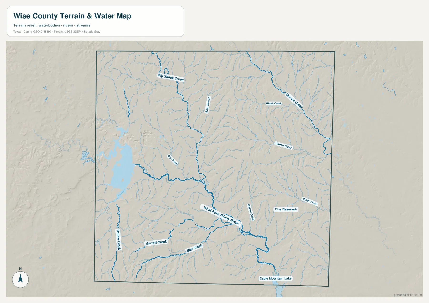 Wise County 수역 지도에 표시된 West Fork Trinity River, Denton Creek, Big Sandy Creek, Dry Creek, Walnut Creek, Elna Reservoir와 Eagle Mountain Lake