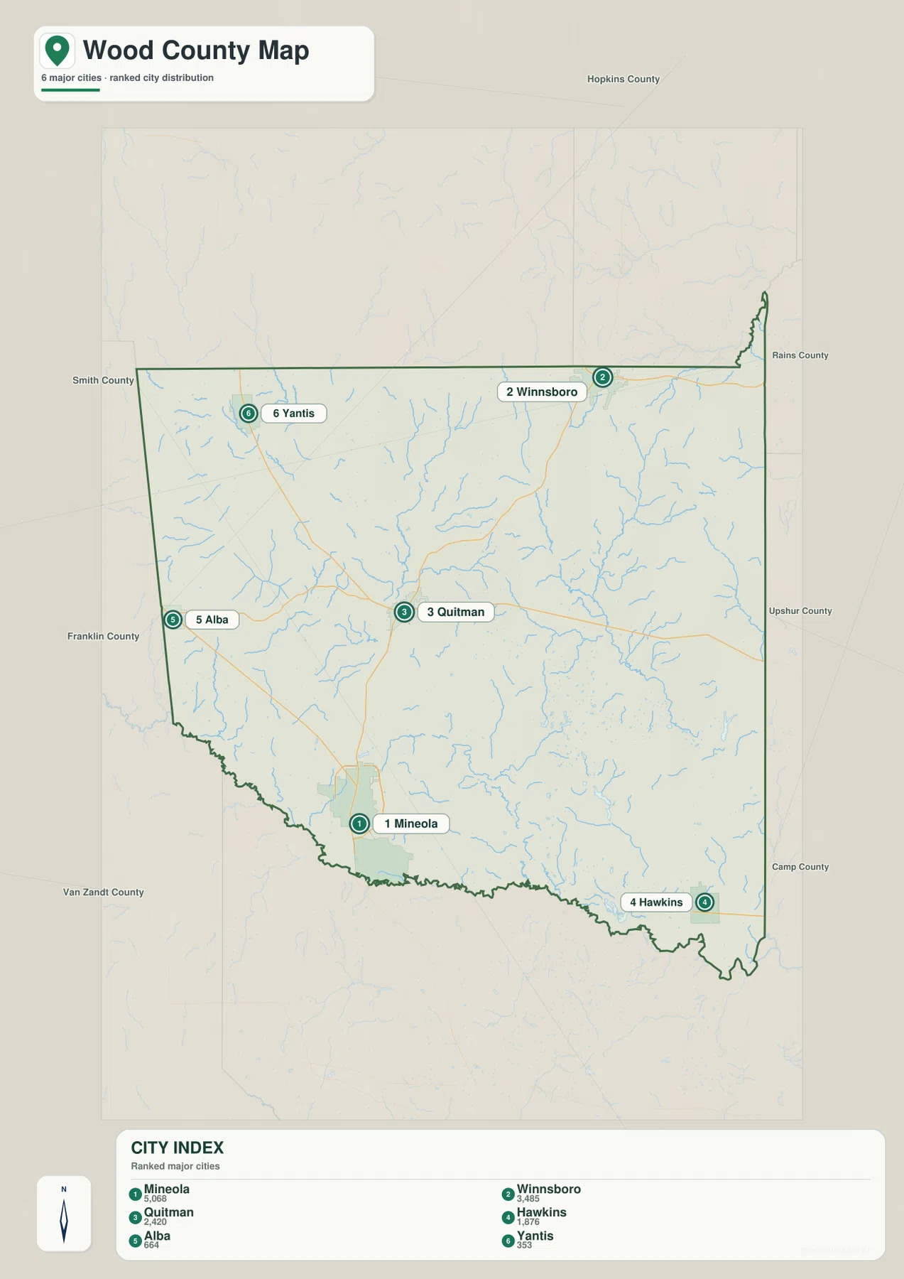 Wood County 도시 지도에 표시된 Mineola, Winnsboro, Quitman, Hawkins, Alba, Yantis