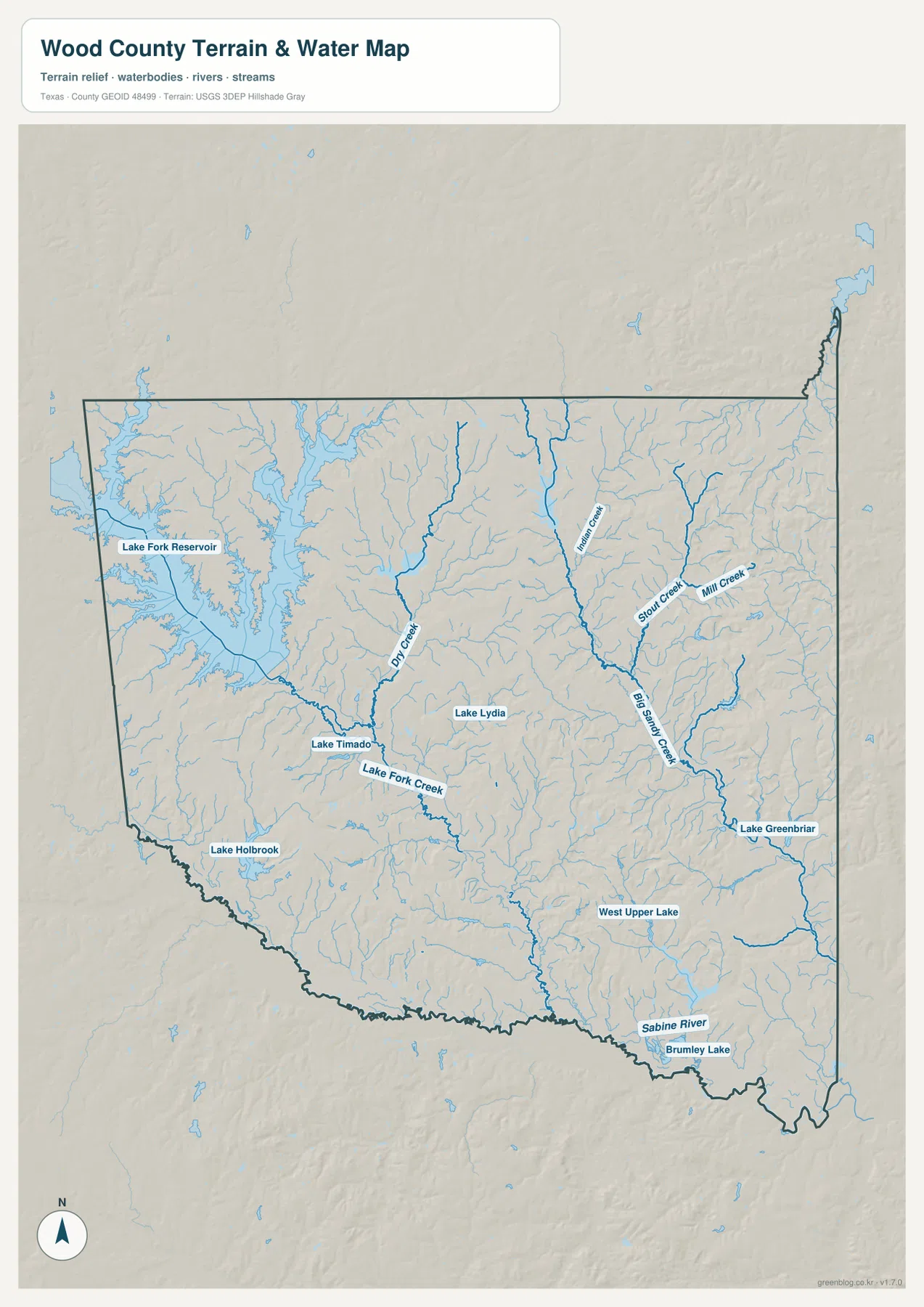 Wood County 수역 지도에 표시된 Lake Fork Reservoir, Dry Creek, Lake Fork Creek, Big Sandy Creek, Sabine River와 주요 호수