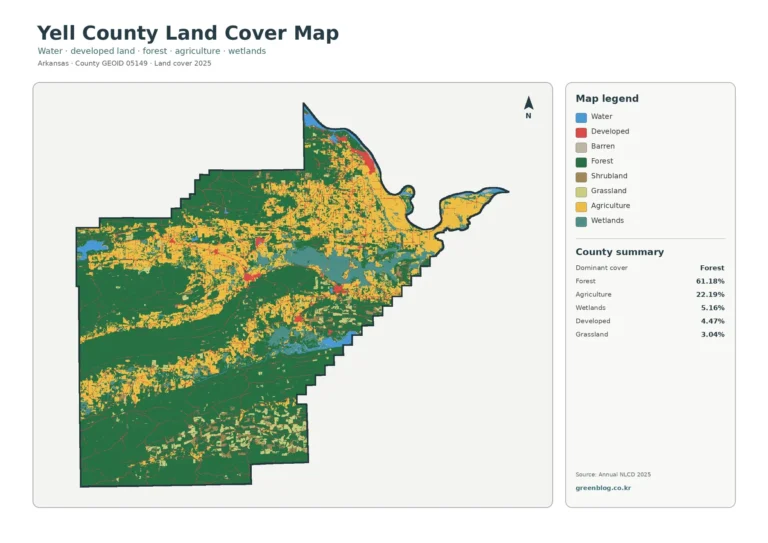 아칸소주 옐 카운티 토지 피복 지도(Yell County) – 산림 61.18%·농업 22.19%와 Dardanelle 생활권
